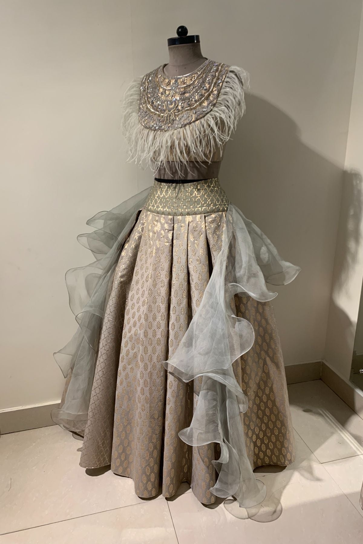 Olive Chanderi Booti Pleated Lehenga