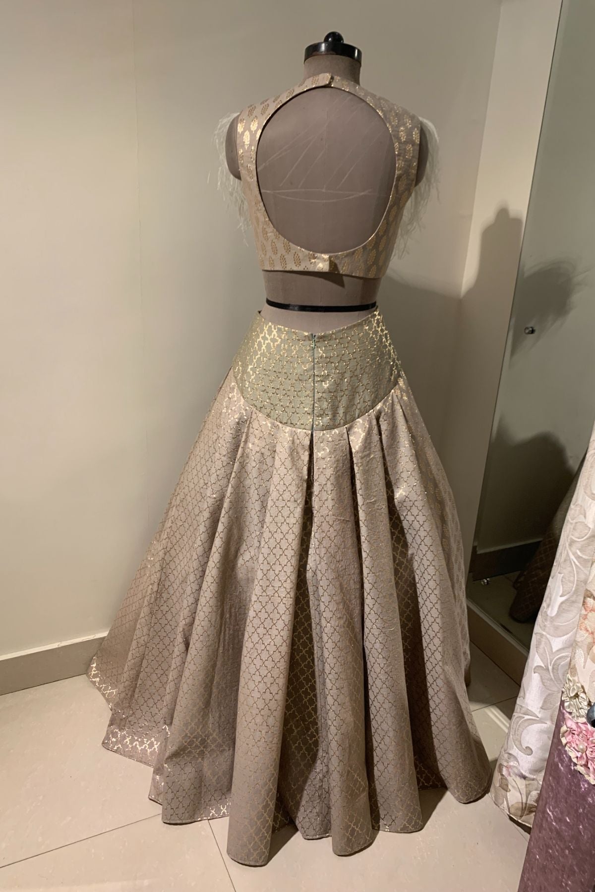 Olive Chanderi Booti Pleated Lehenga