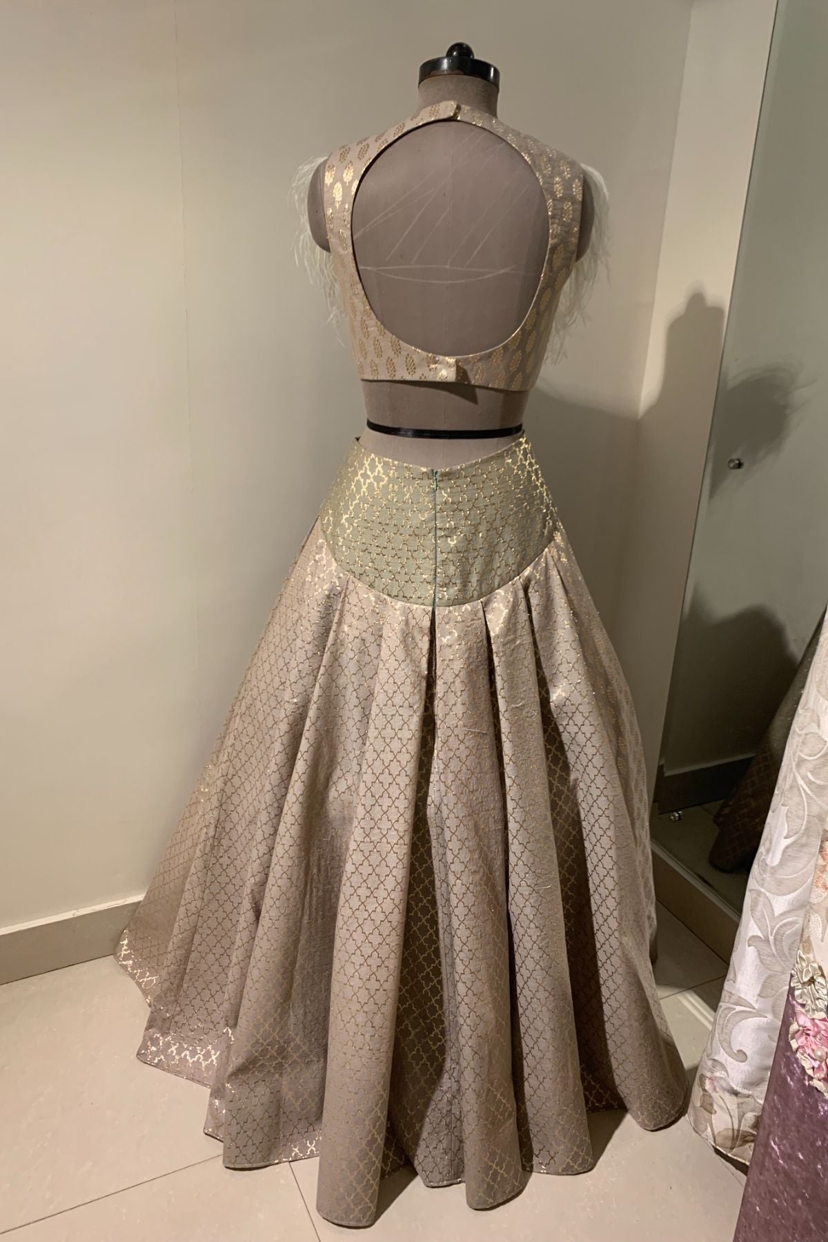 Olive Chanderi Booti Pleated Lehenga