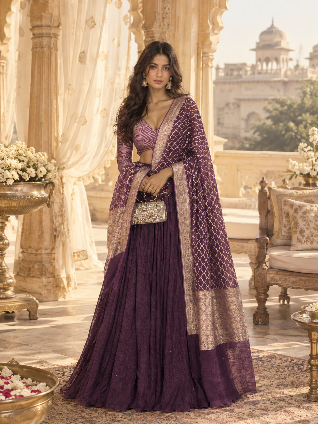 Purple chiffon lehenga with brocade blouse and dupatta
