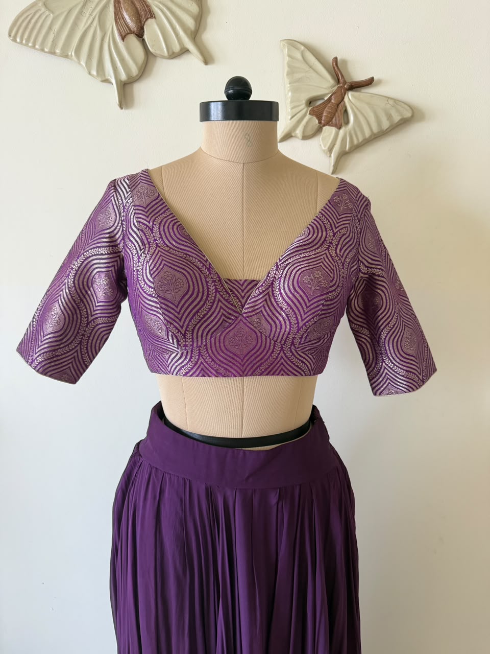 Purple chiffon lehenga with brocade blouse and dupatta
