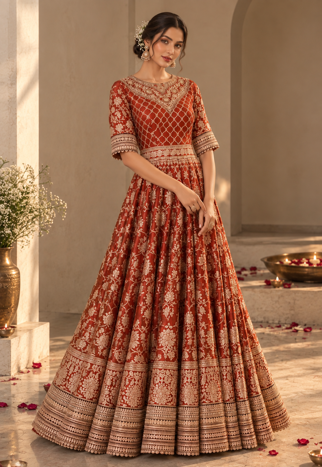 Rust/Green Benarasi Anarkali