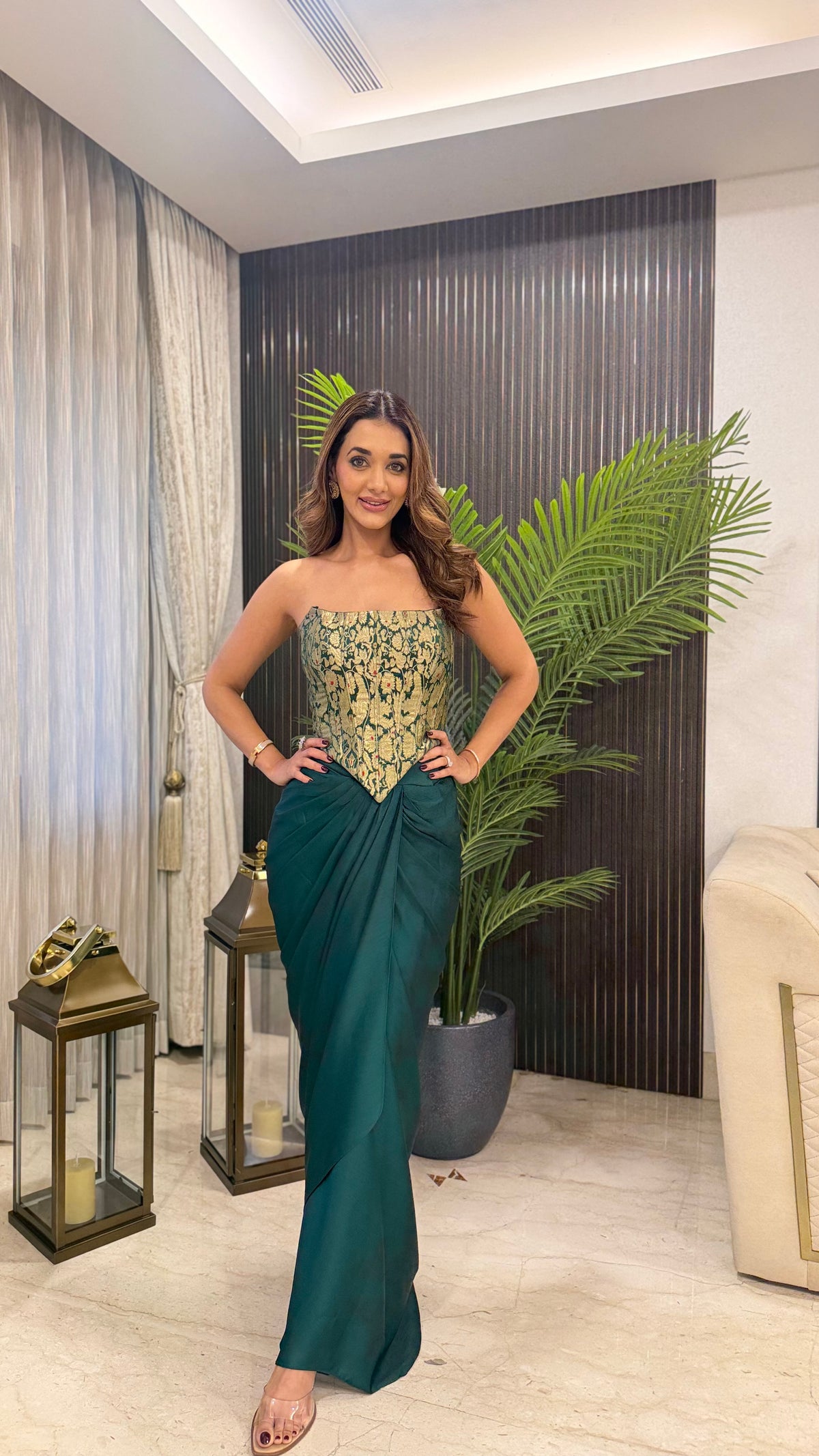Bottle Green Brocade Corset with Draped Skirt