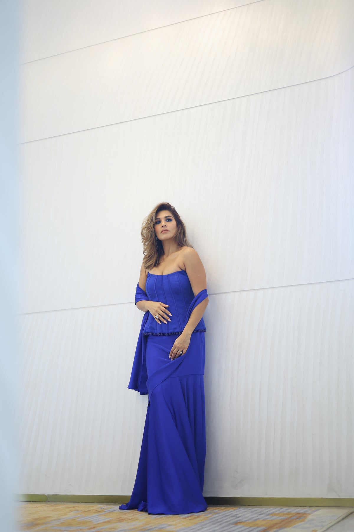 Electric Blue Lehenga Drape with Quilted Corset