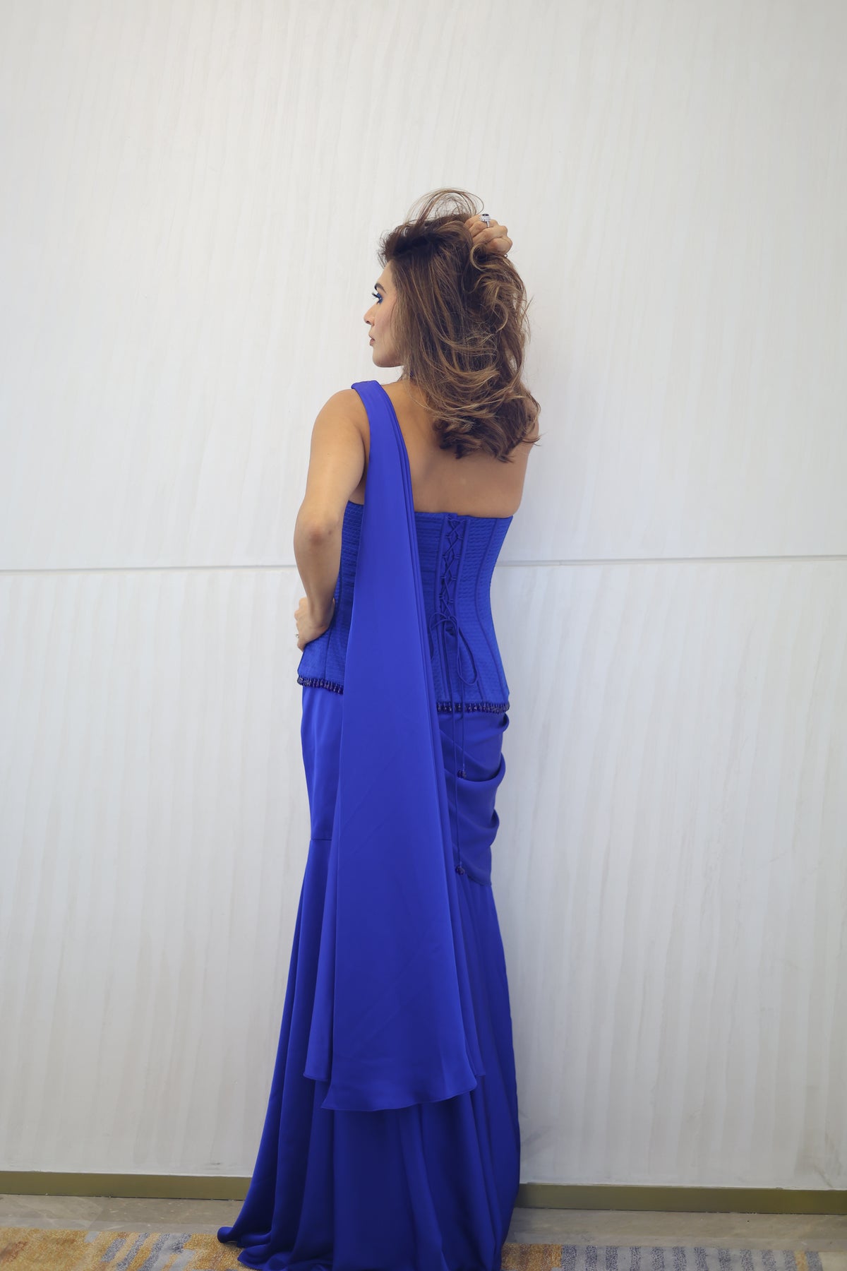Electric Blue Lehenga Drape with Quilted Corset