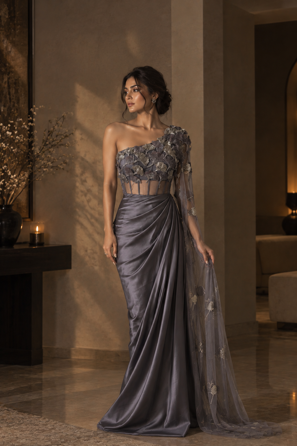 One side off shoulder satin gown with 3D leaf embroidery