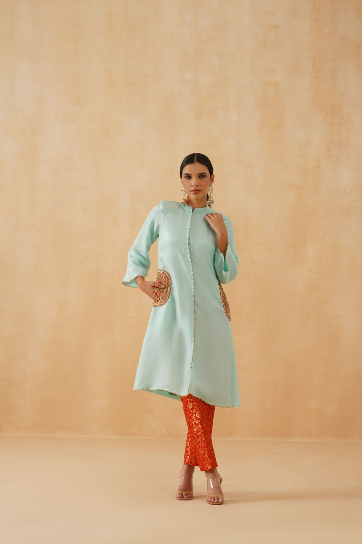 Cyan / Orange Jacket Kurta Set