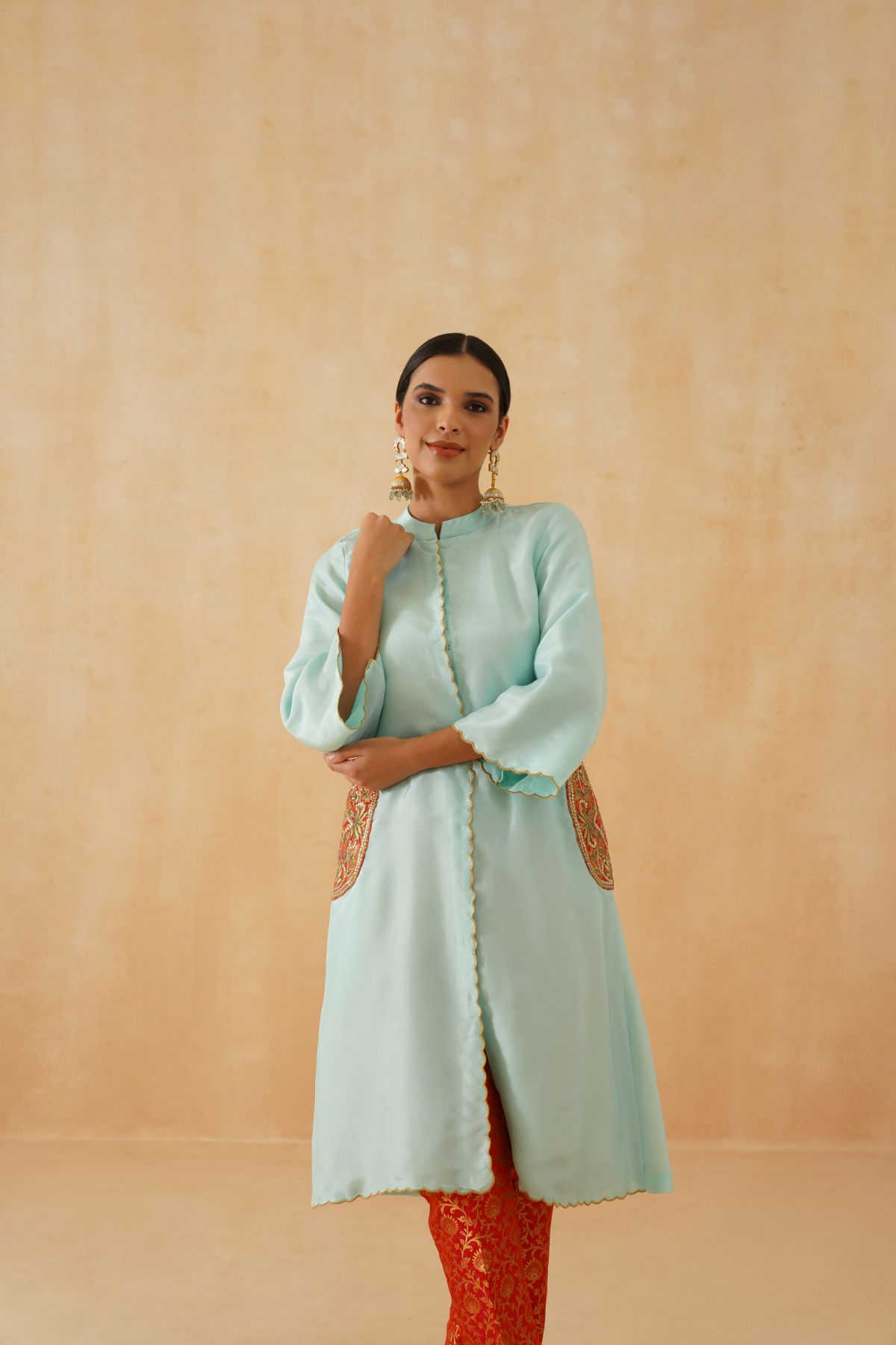 Cyan / Orange Jacket Kurta Set