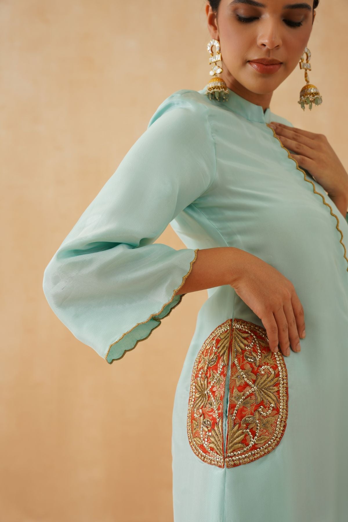 Cyan / Orange Jacket Kurta Set
