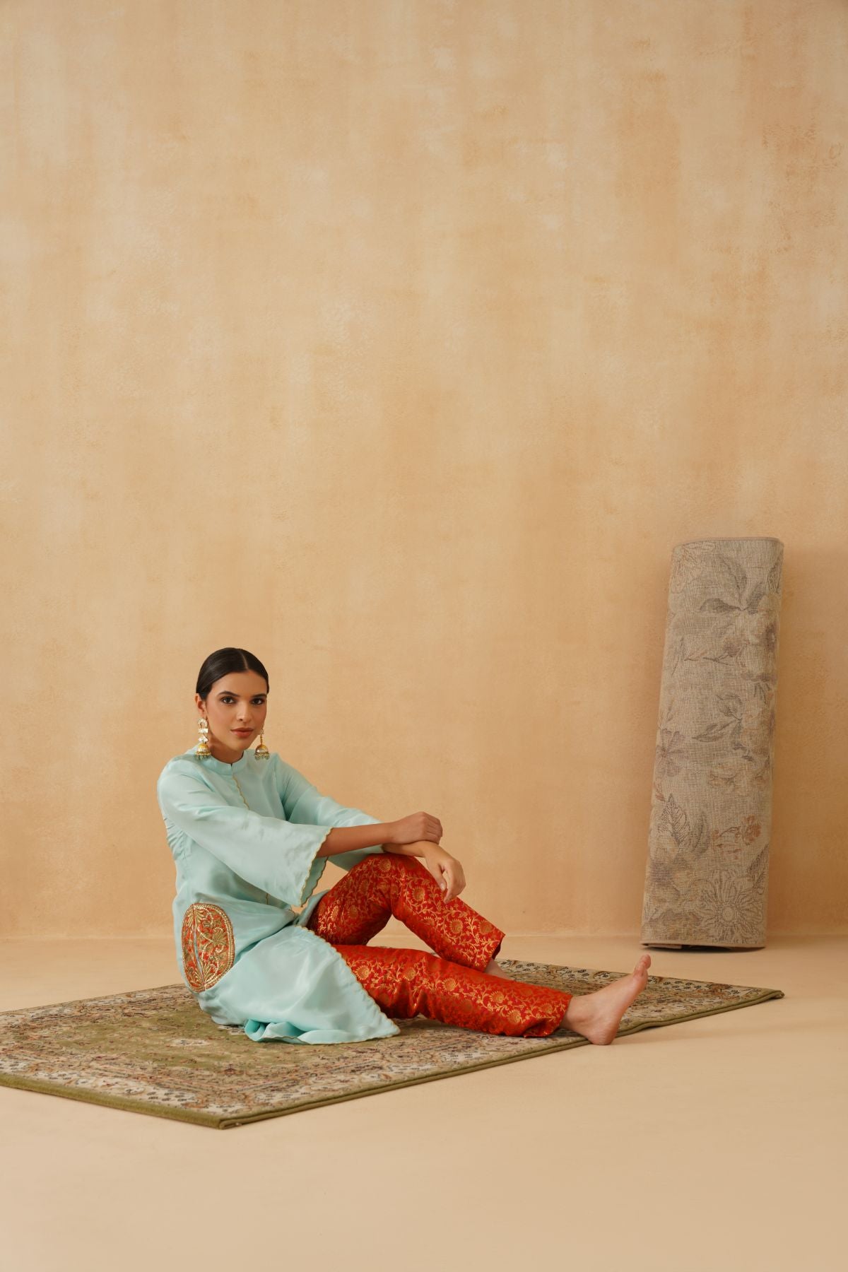 Cyan / Orange Jacket Kurta Set