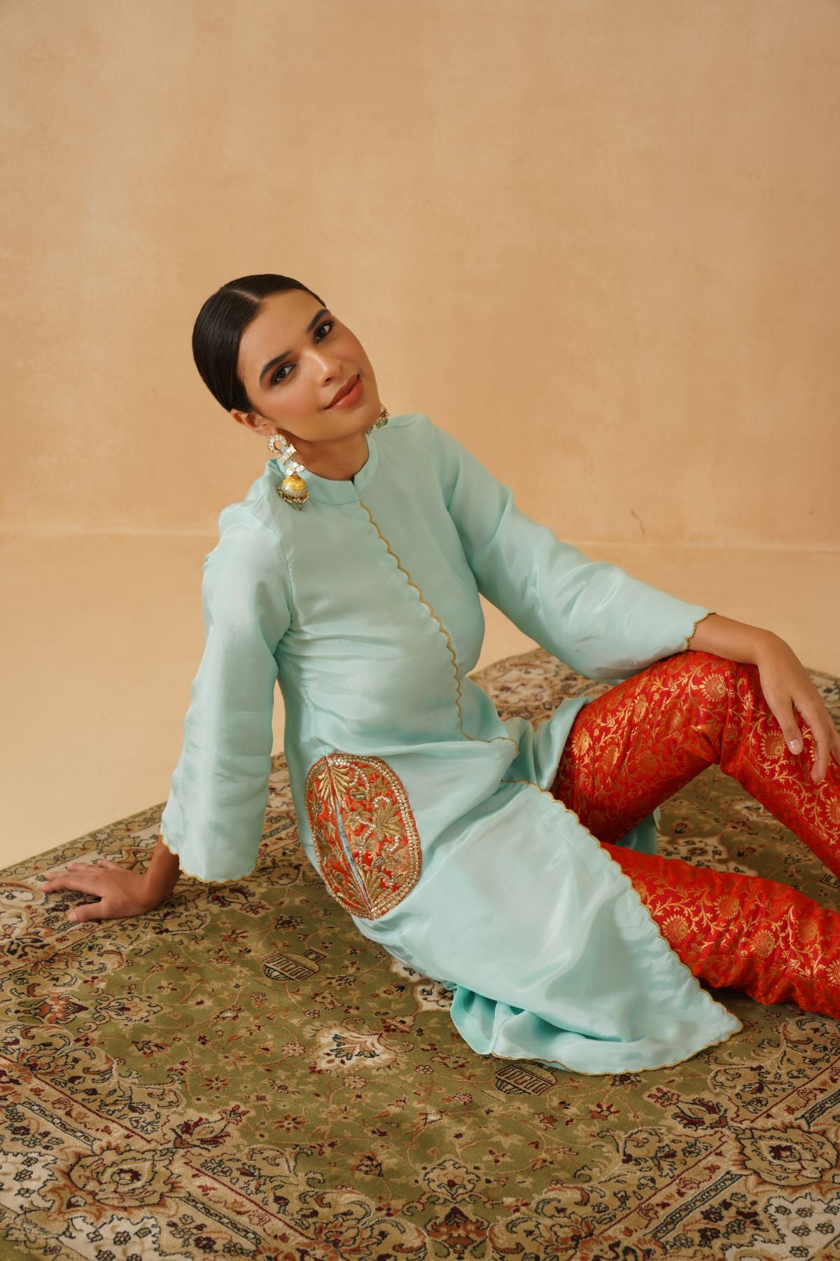Cyan / Orange Jacket Kurta Set