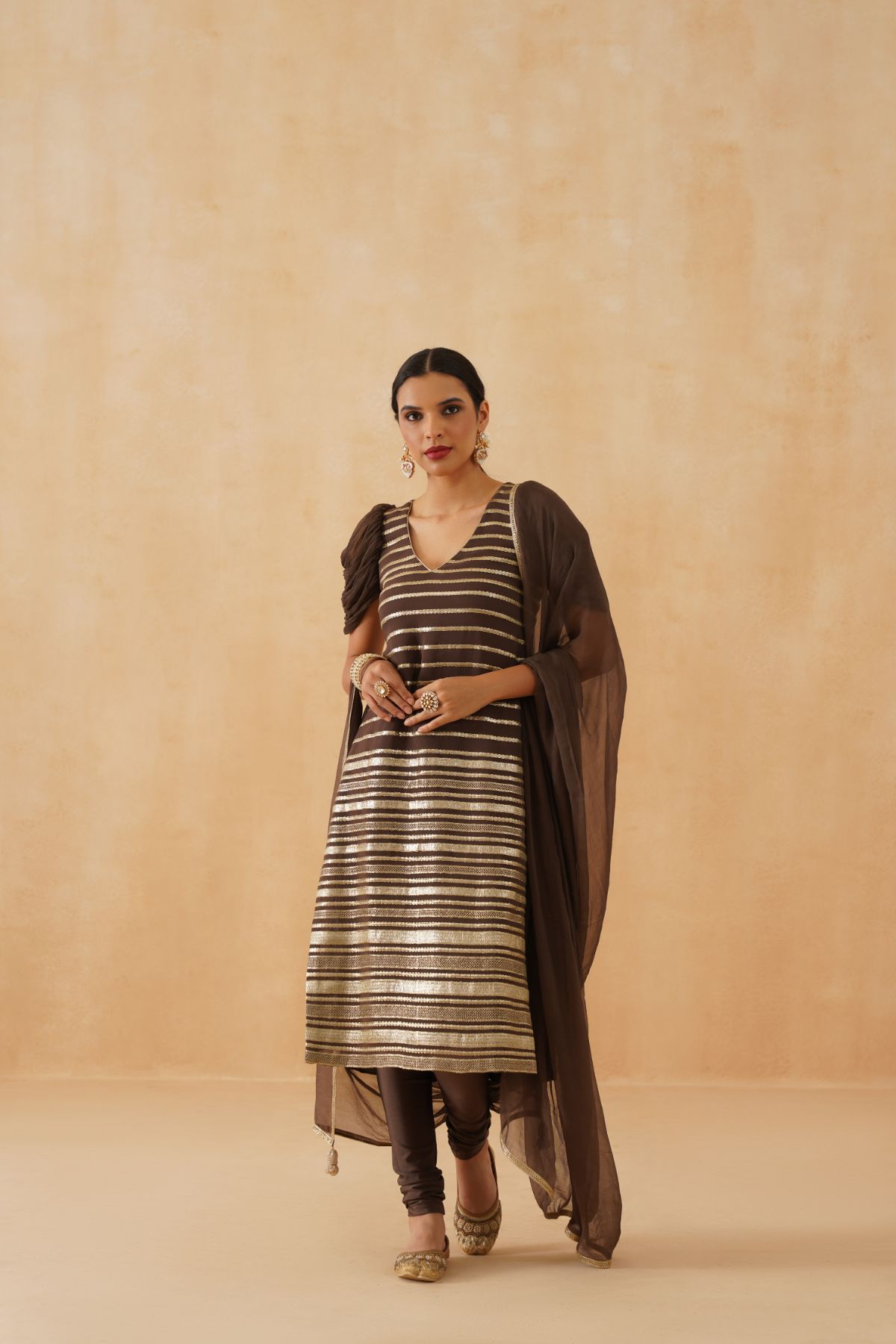 Brown /gold Suit With Cowl Sleeves