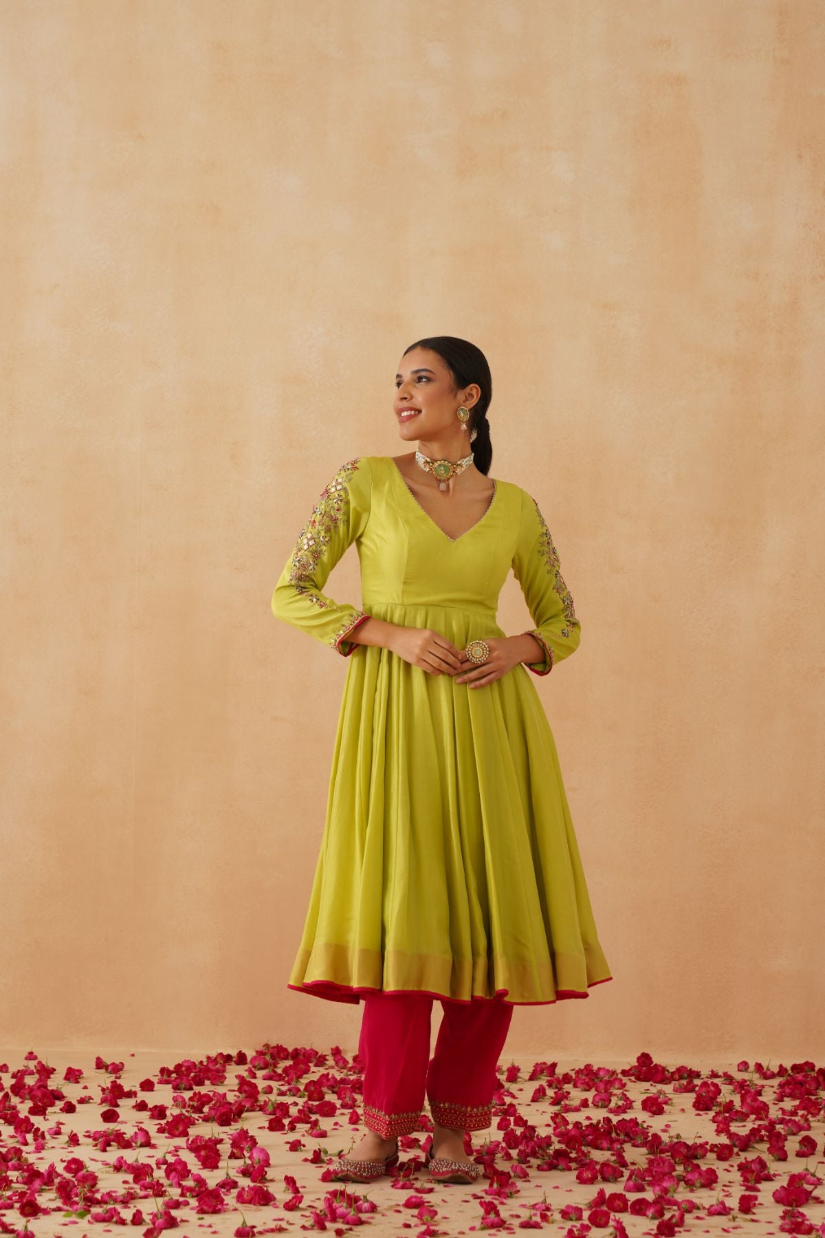 Green Anarkali With Fuschia Salwar and Mustard Dupatta
