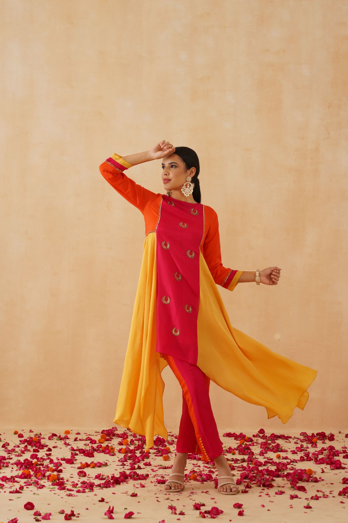 Pink Orange and Yellow Asymmetric Kurta Set