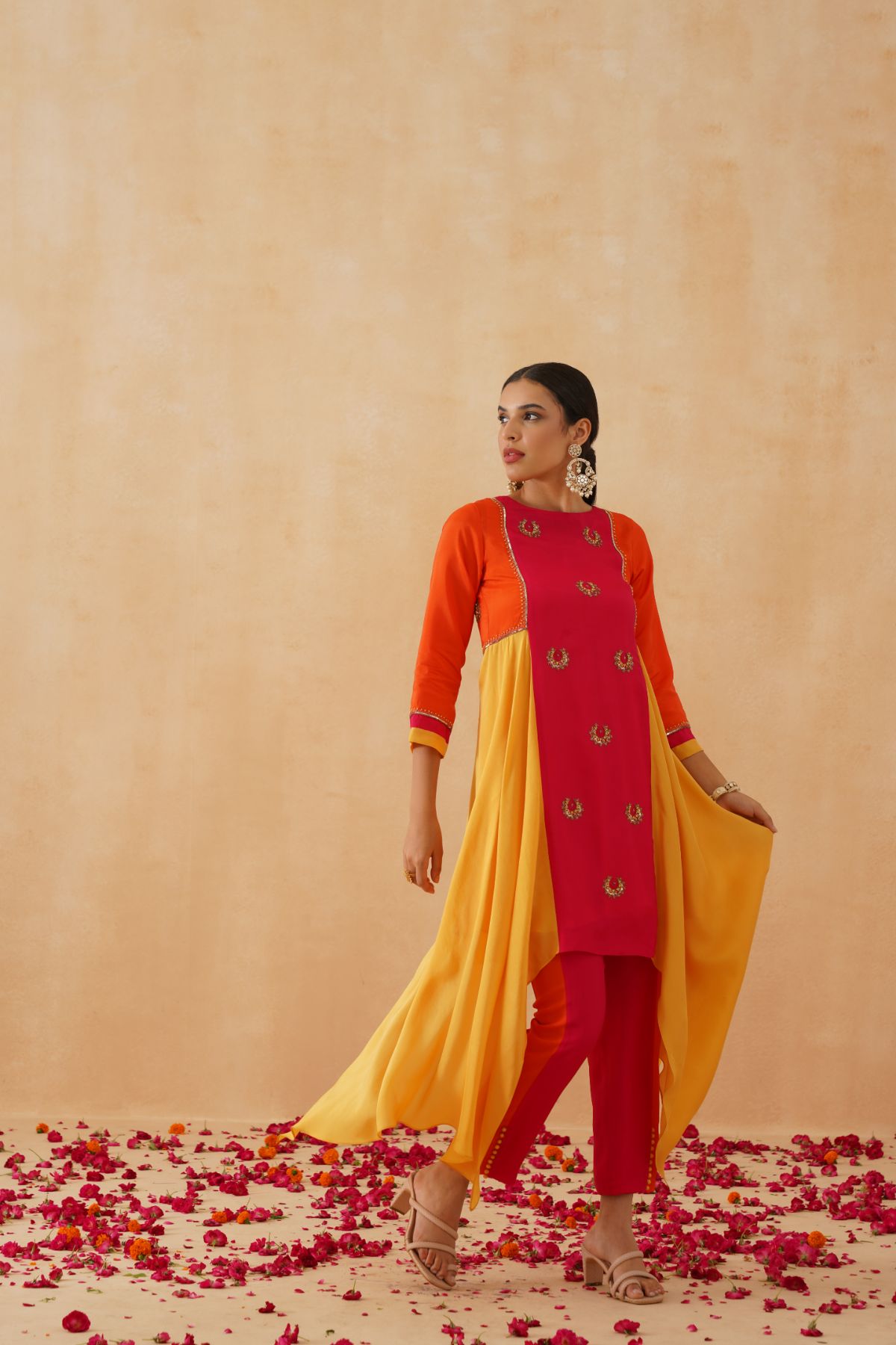 Pink Orange and Yellow Asymmetric Kurta Set