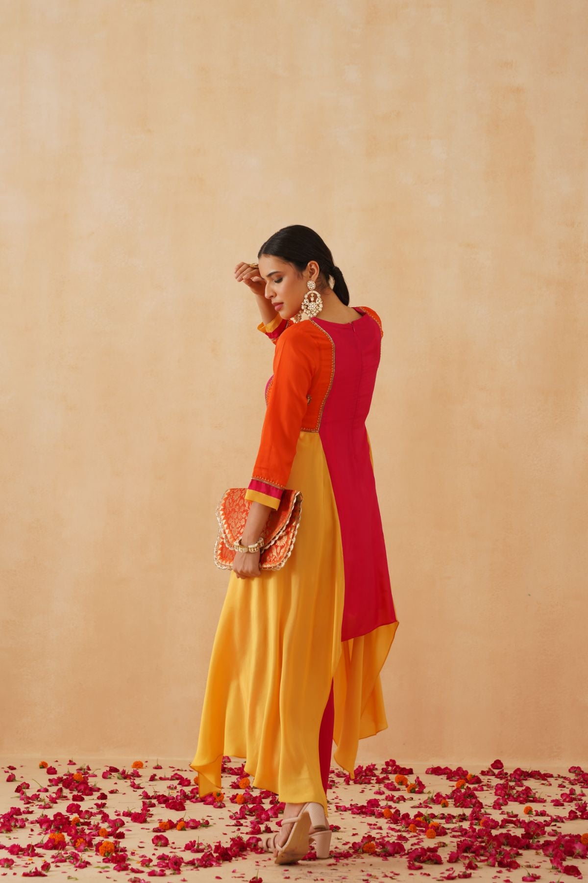 Pink Orange and Yellow Asymmetric Kurta Set