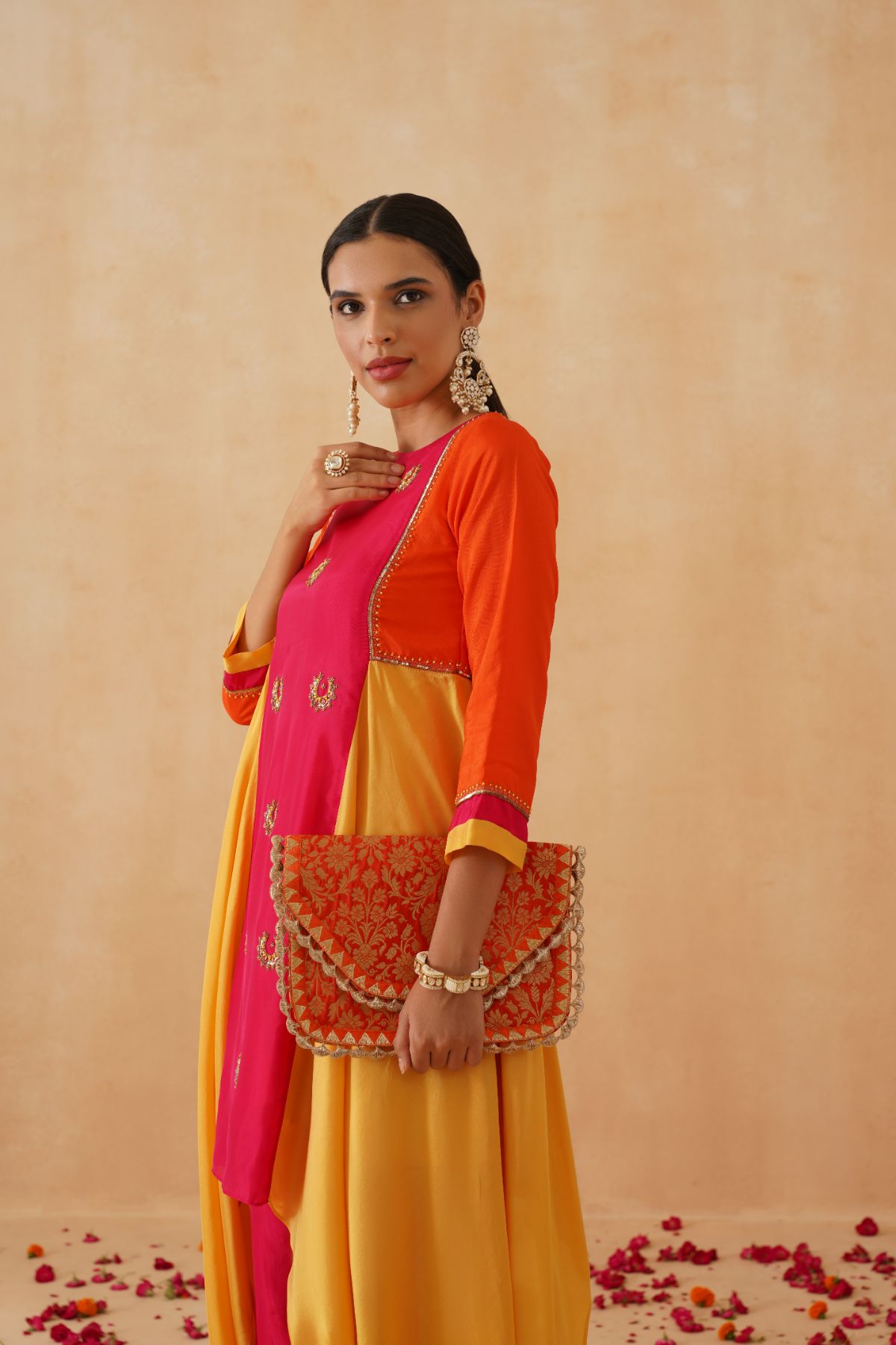 Pink Orange and Yellow Asymmetric Kurta Set
