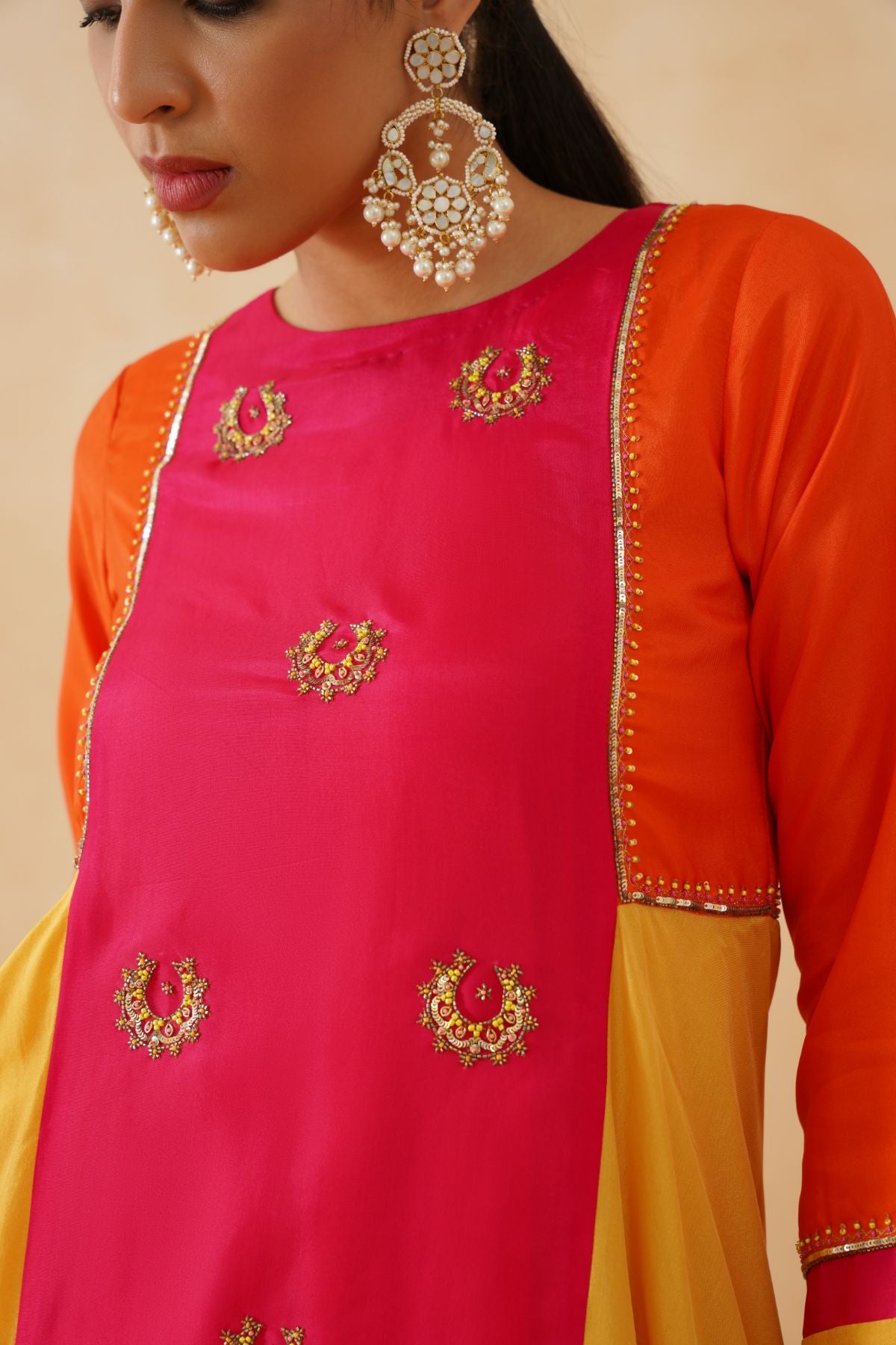 Pink Orange and Yellow Asymmetric Kurta Set
