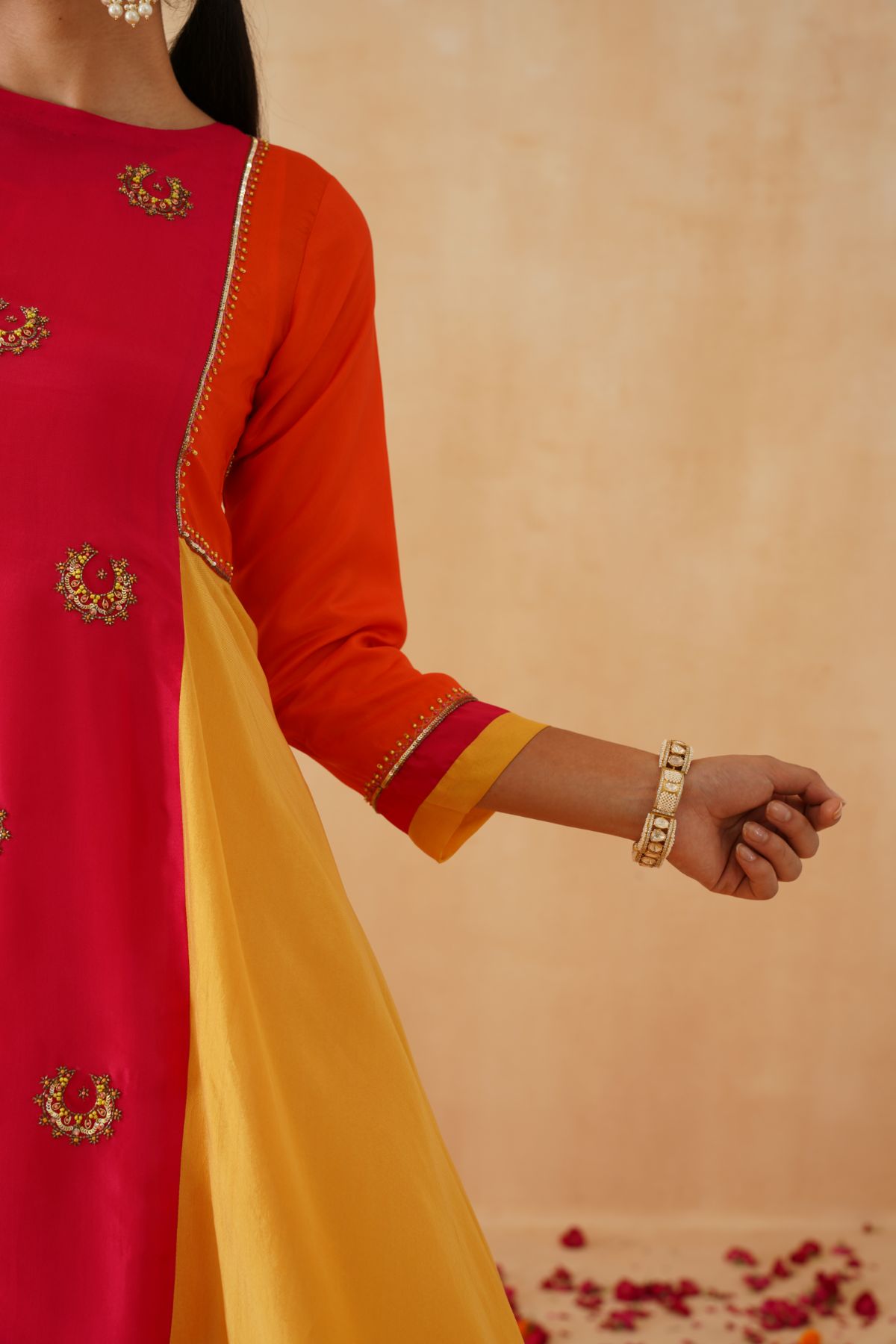 Pink Orange and Yellow Asymmetric Kurta Set