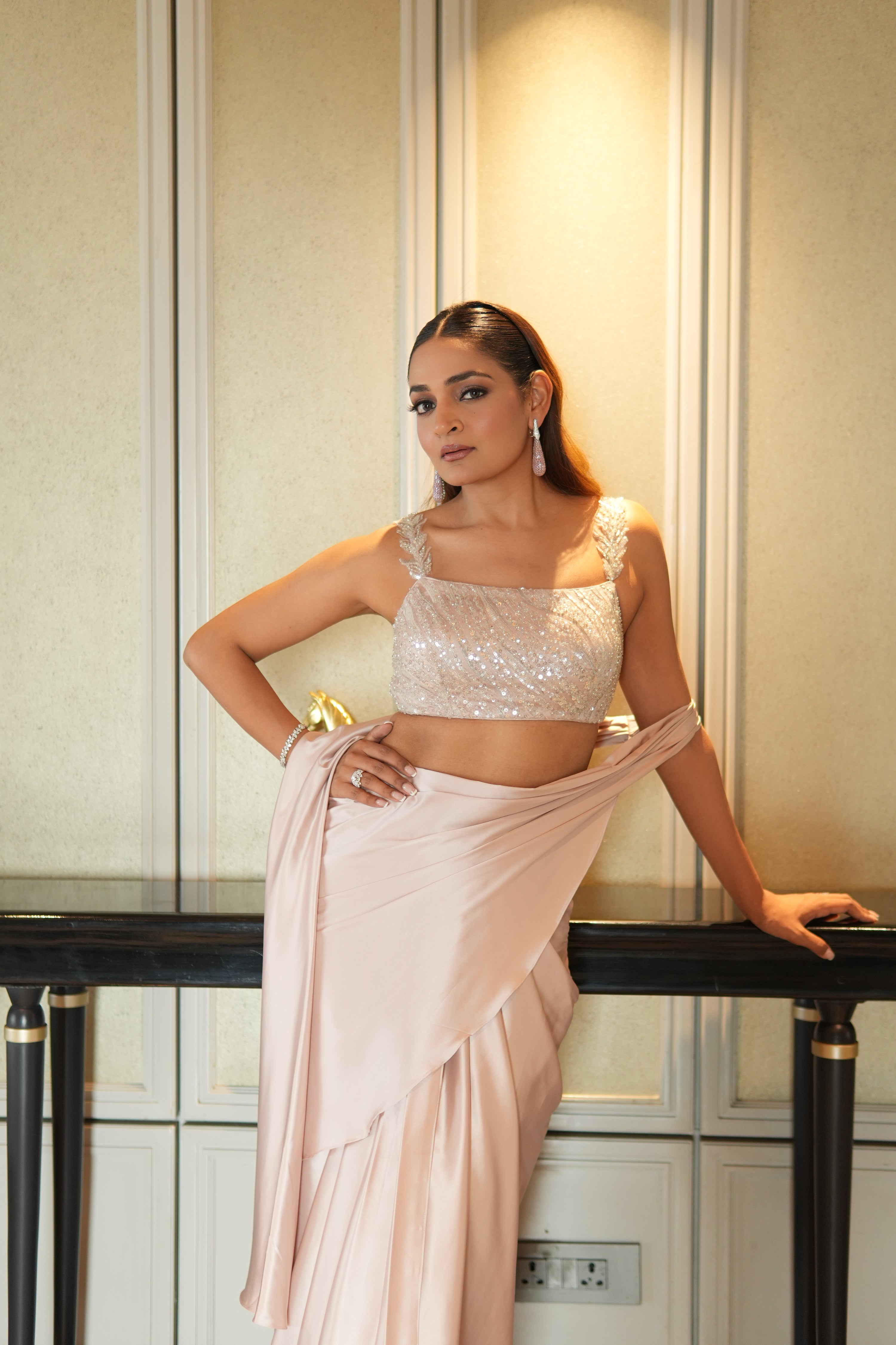 Champagne pink Draped Saree