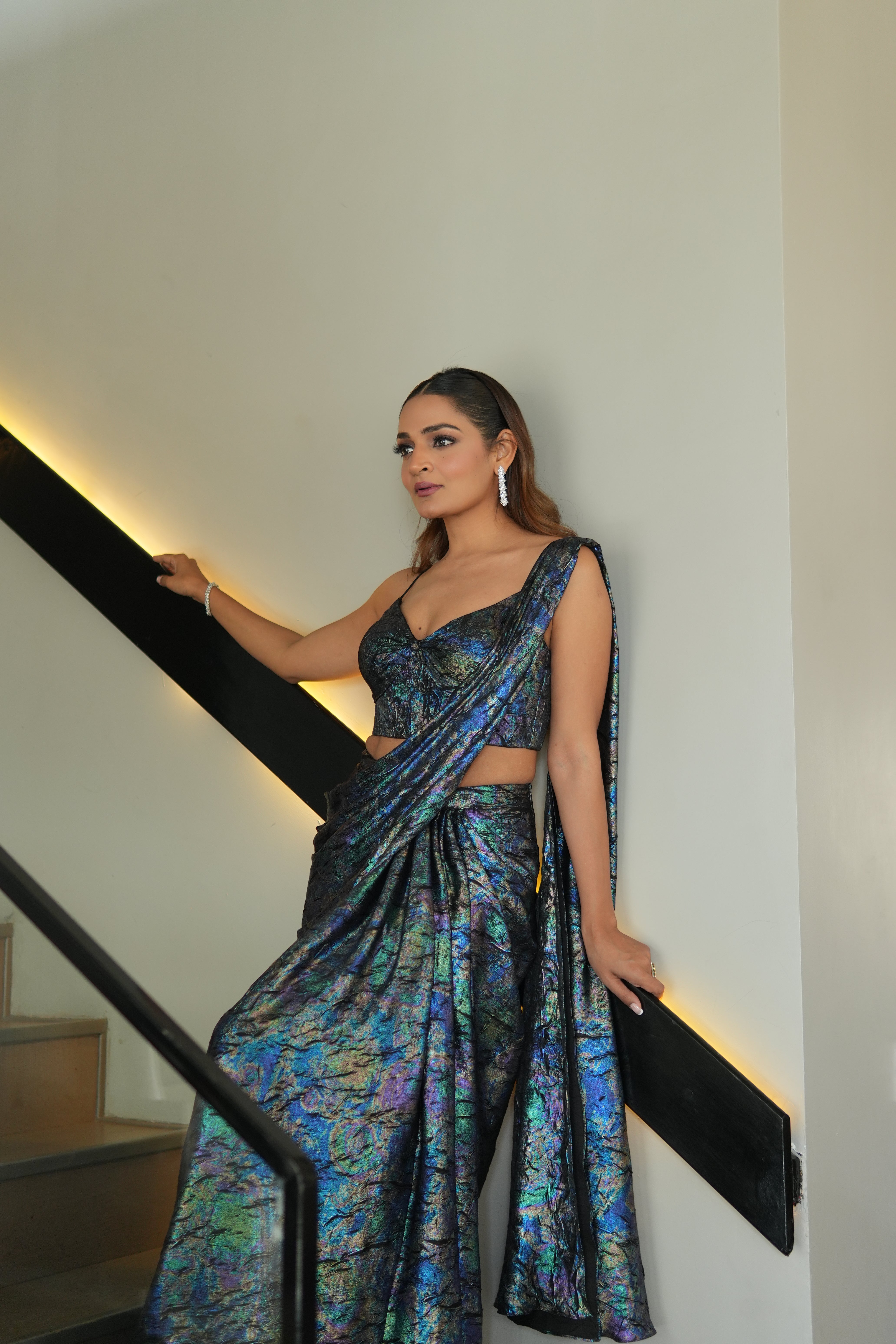 Crushed Rainbow Foil Draped Saree