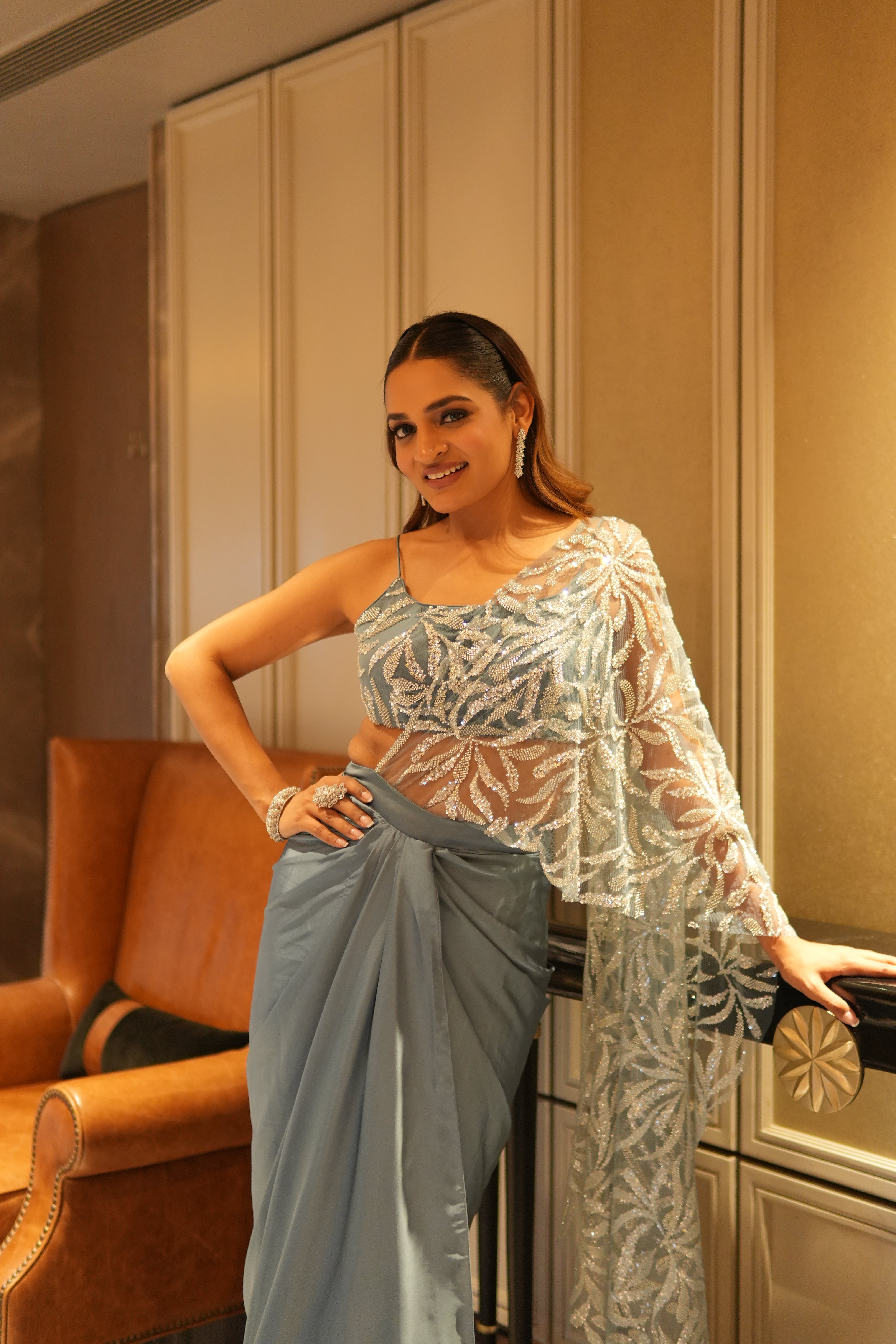 Blue Draped Skirt Saree with silver embroidery