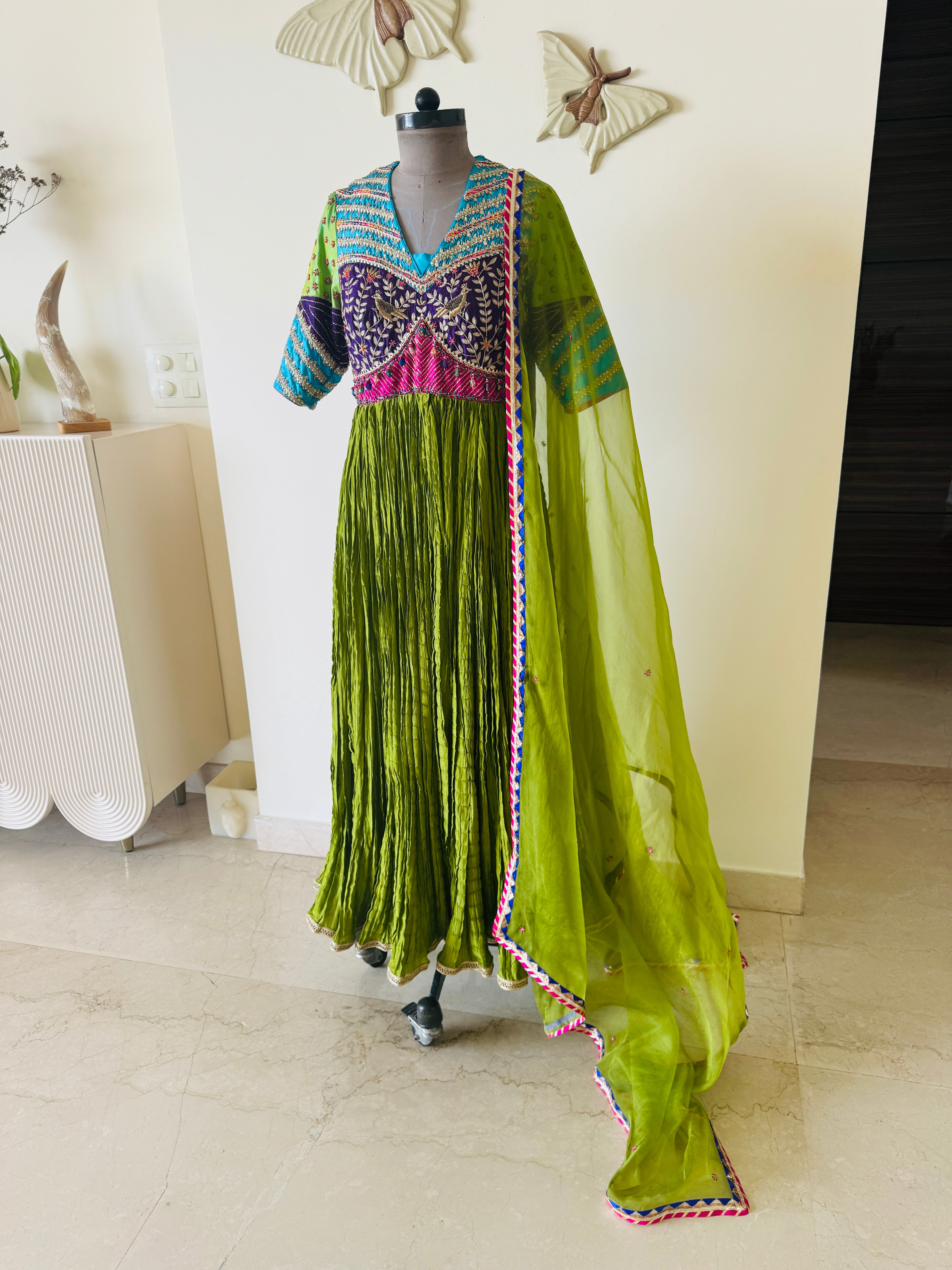 Green Crinkled Anarkali