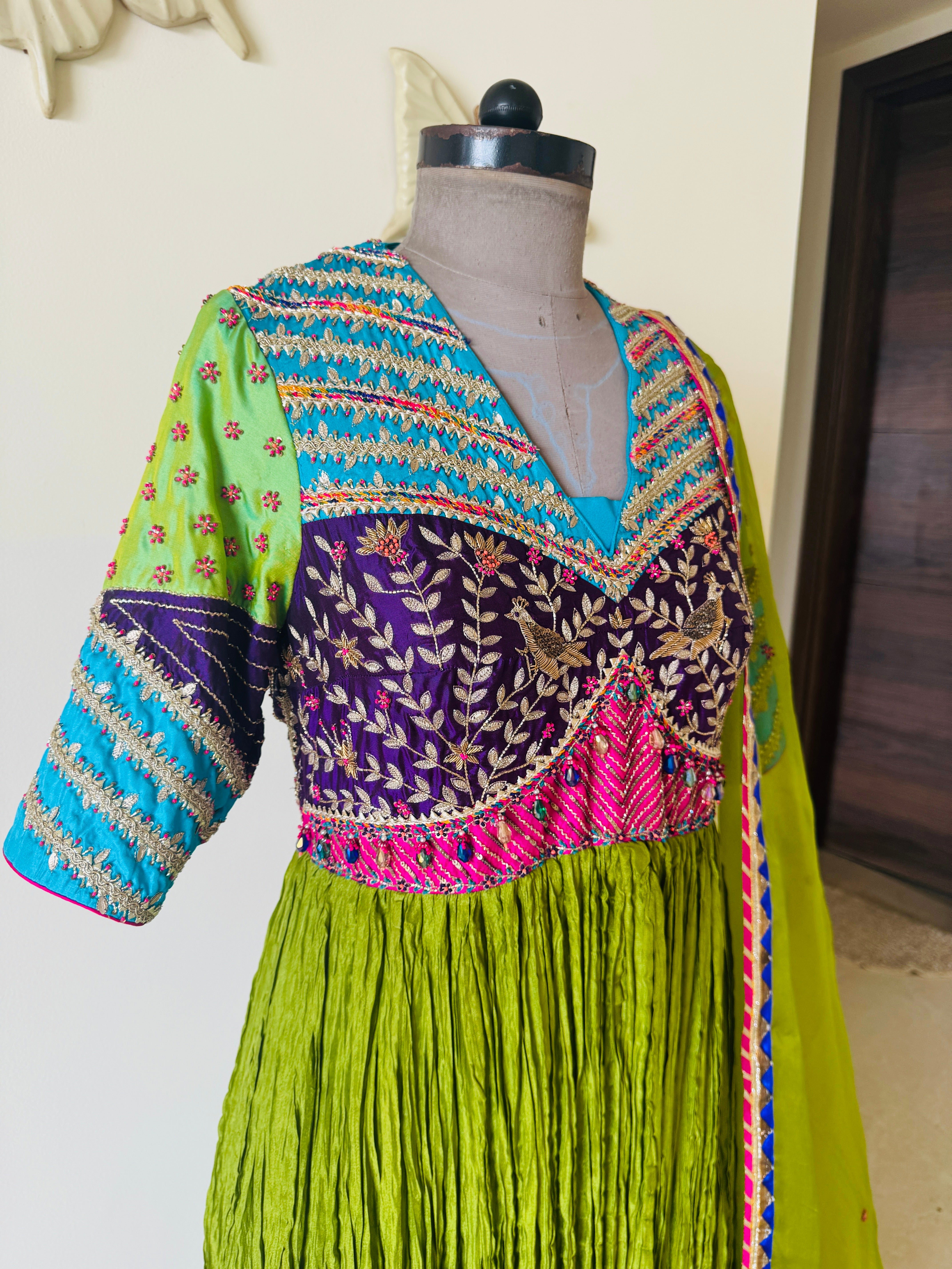 Green Crinkled Anarkali