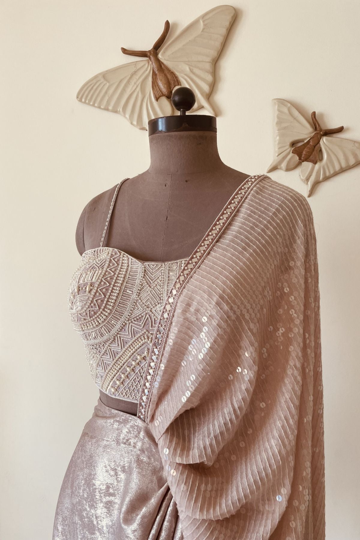 Champagne draped skirt saree