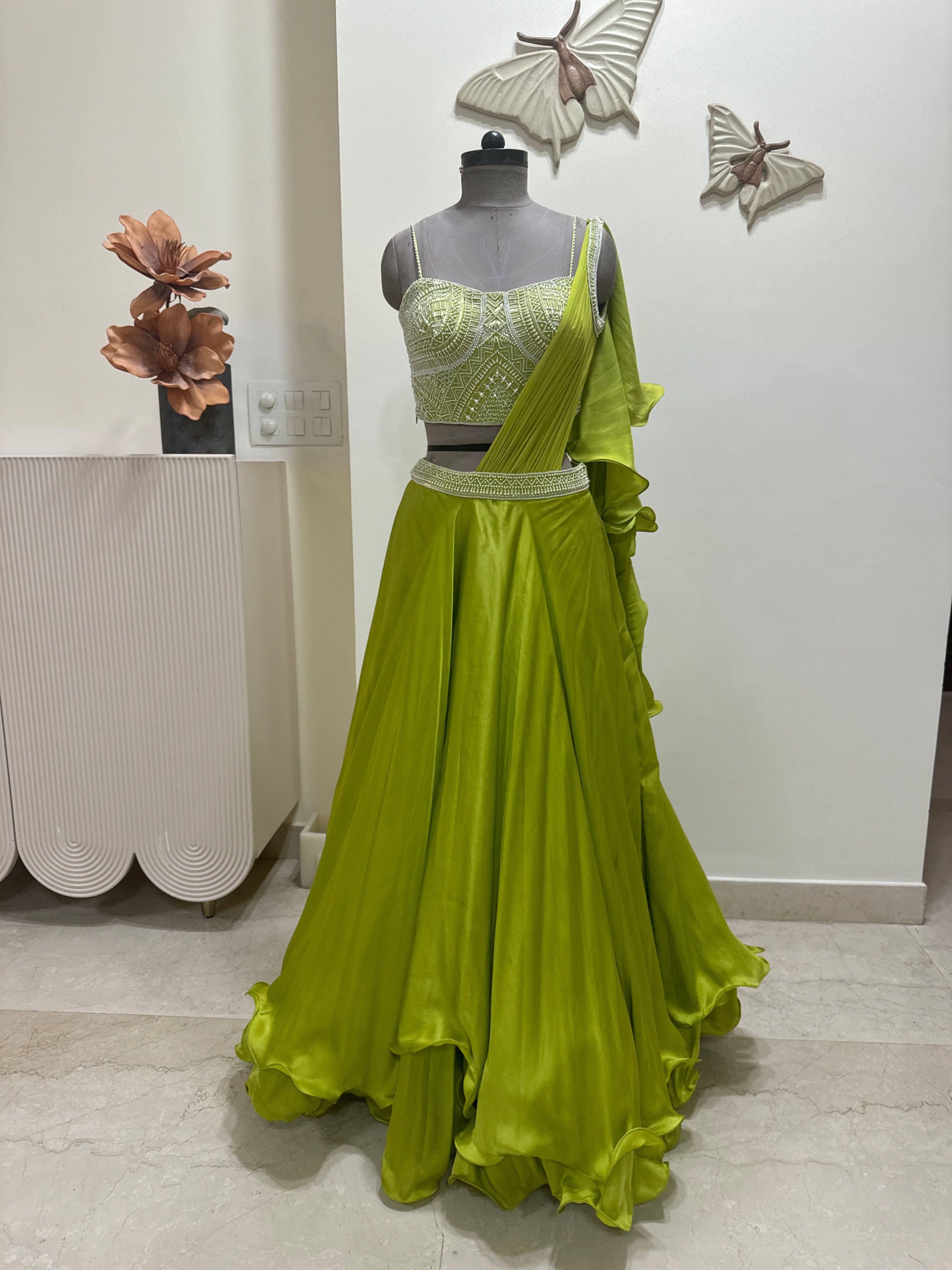 Parrot Green Draped Lehenga