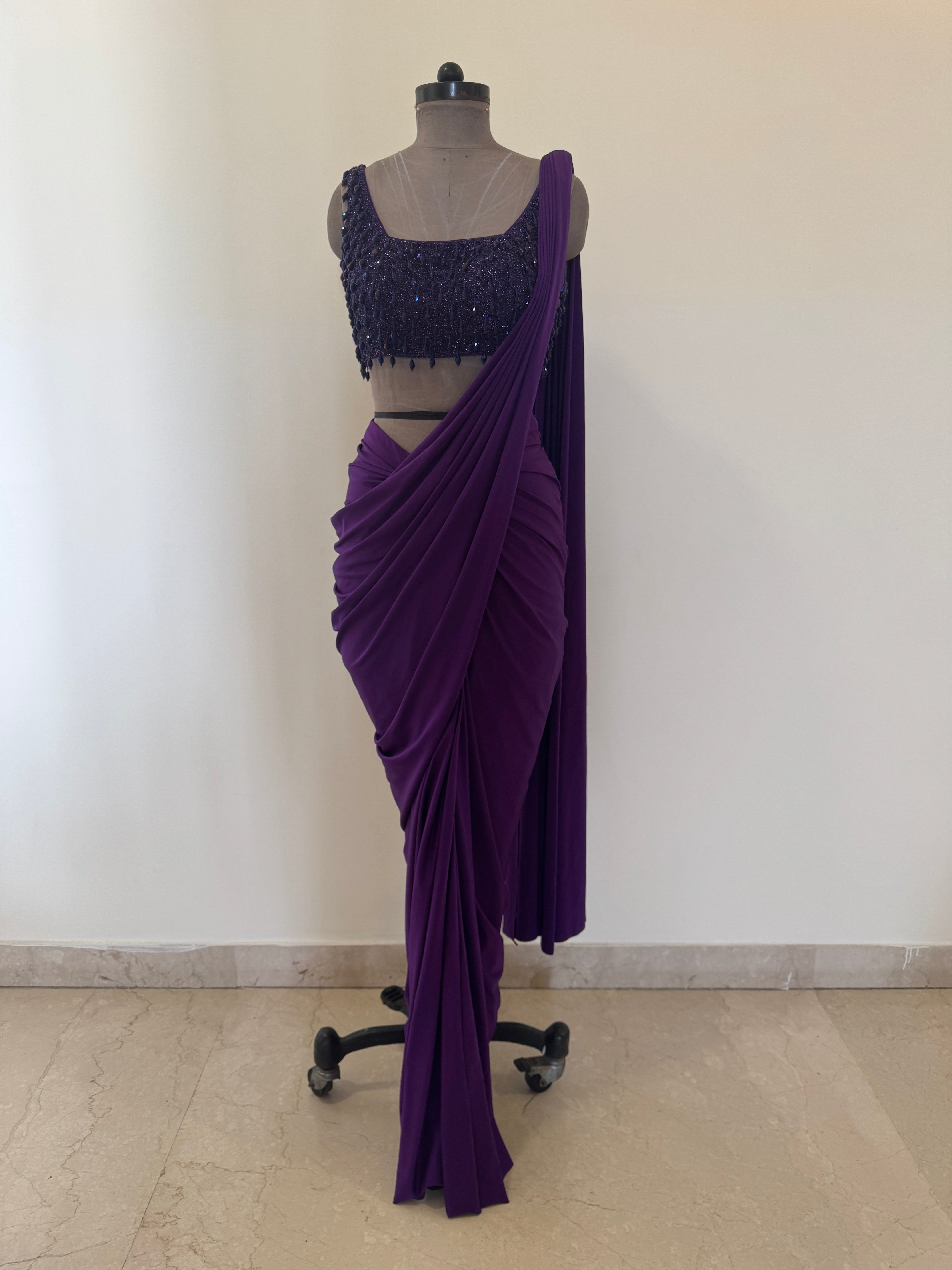 Purple Draped Saree with Drop Tassel Blouse