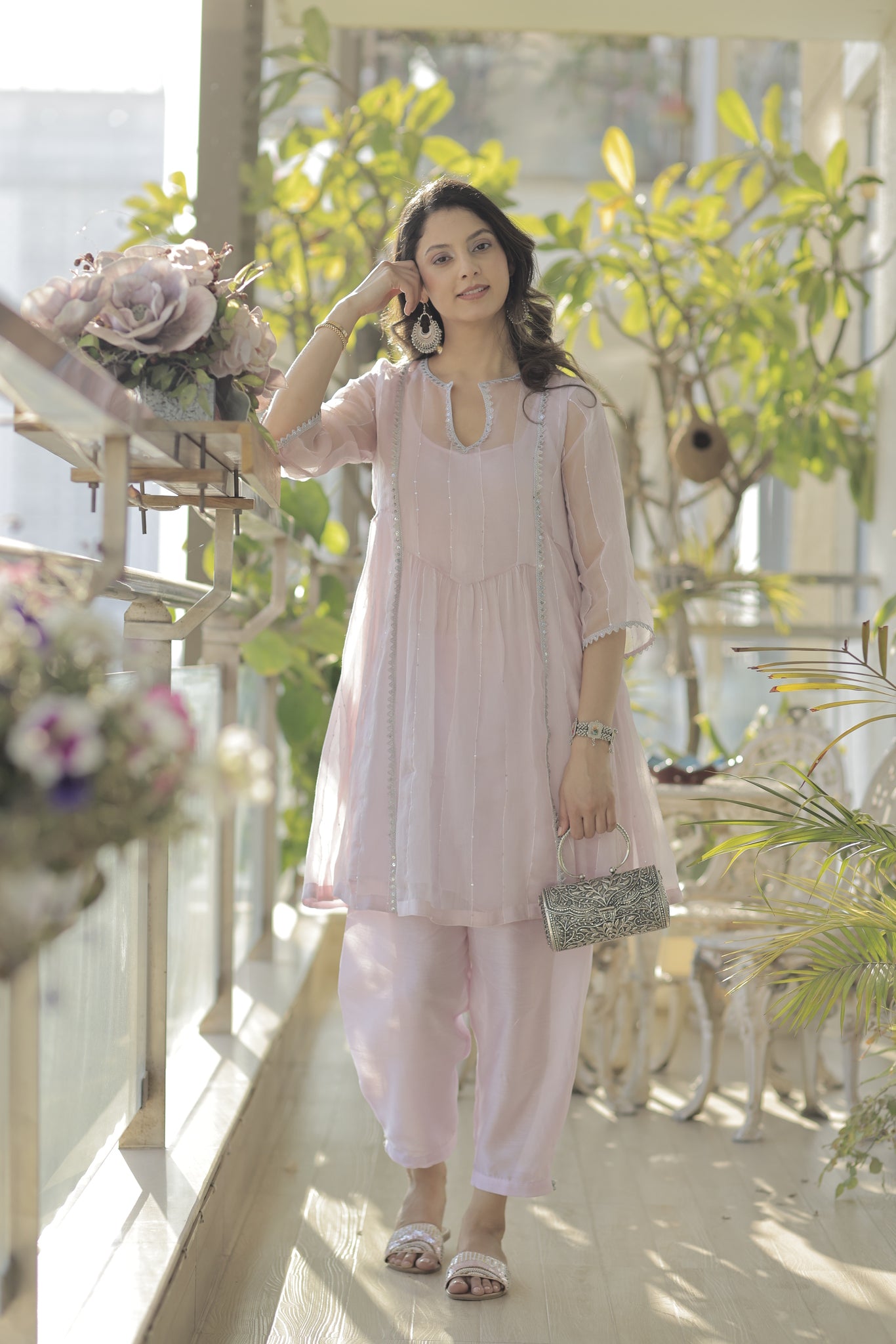 Mauve chanderi tissue short choga