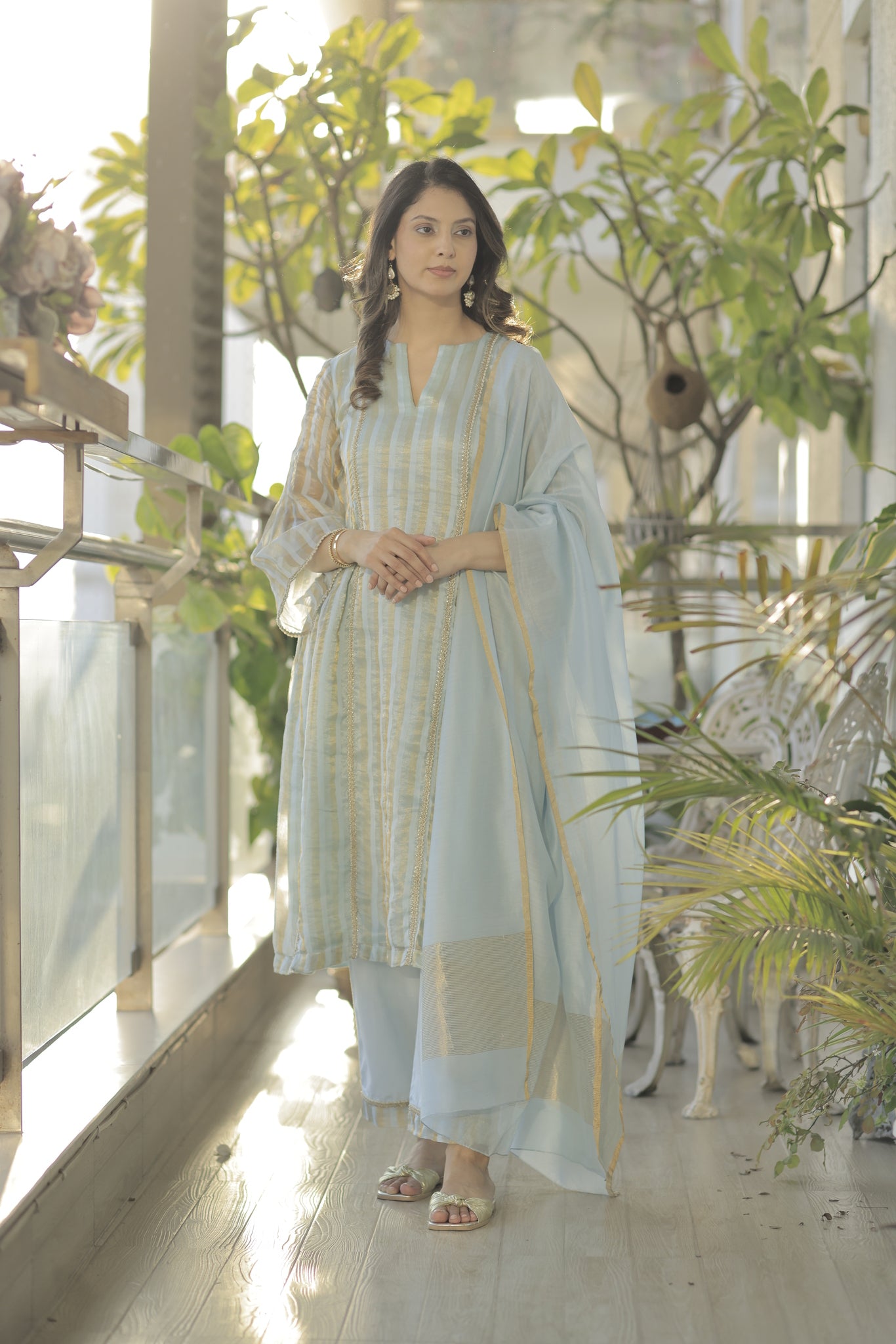 Blue tissue chanderi choga suit
