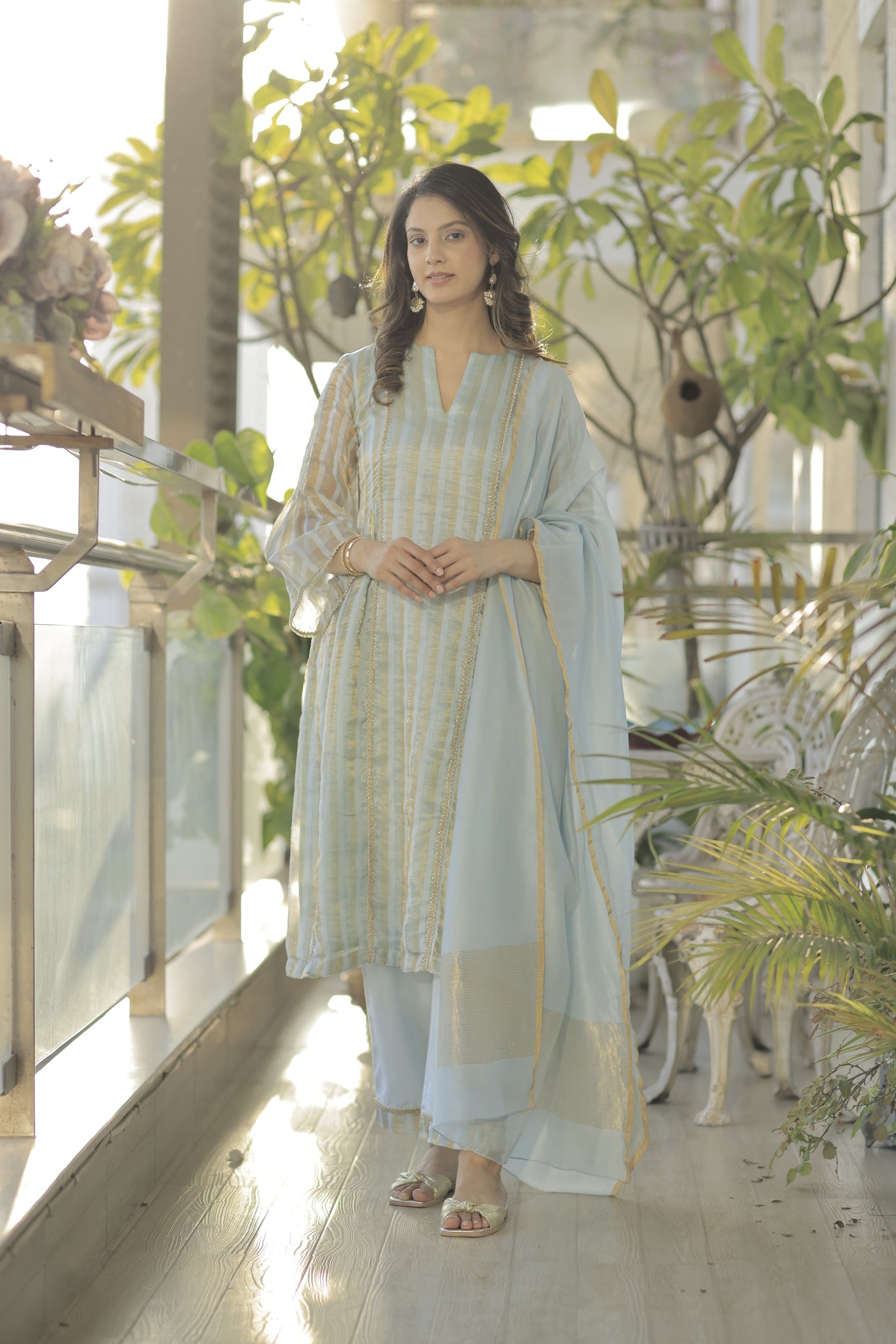 Blue tissue chanderi choga suit
