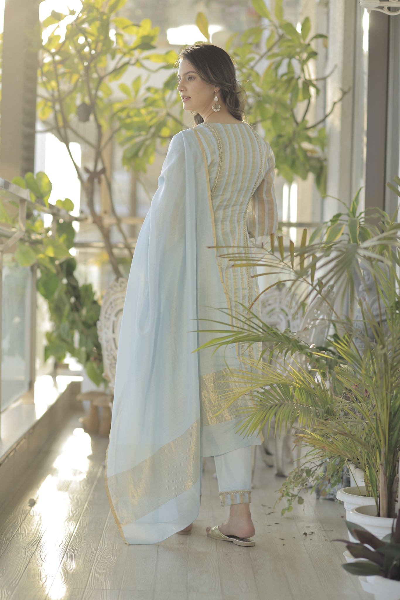 Blue tissue chanderi choga suit