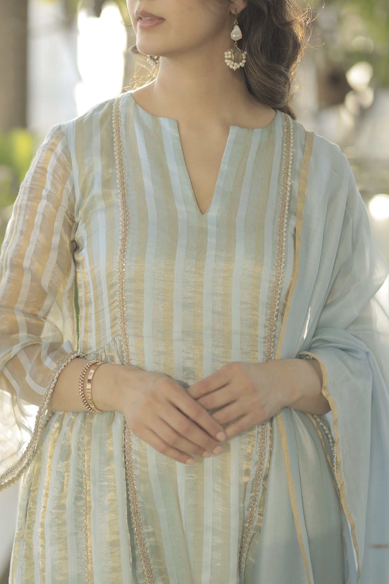 Blue tissue chanderi choga suit
