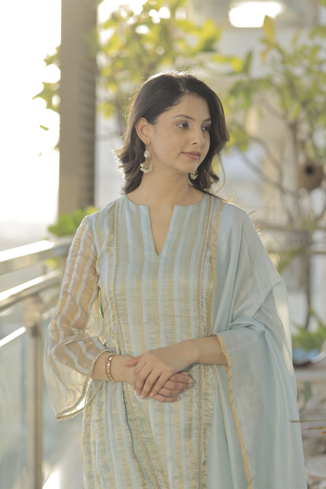 Blue tissue chanderi choga suit