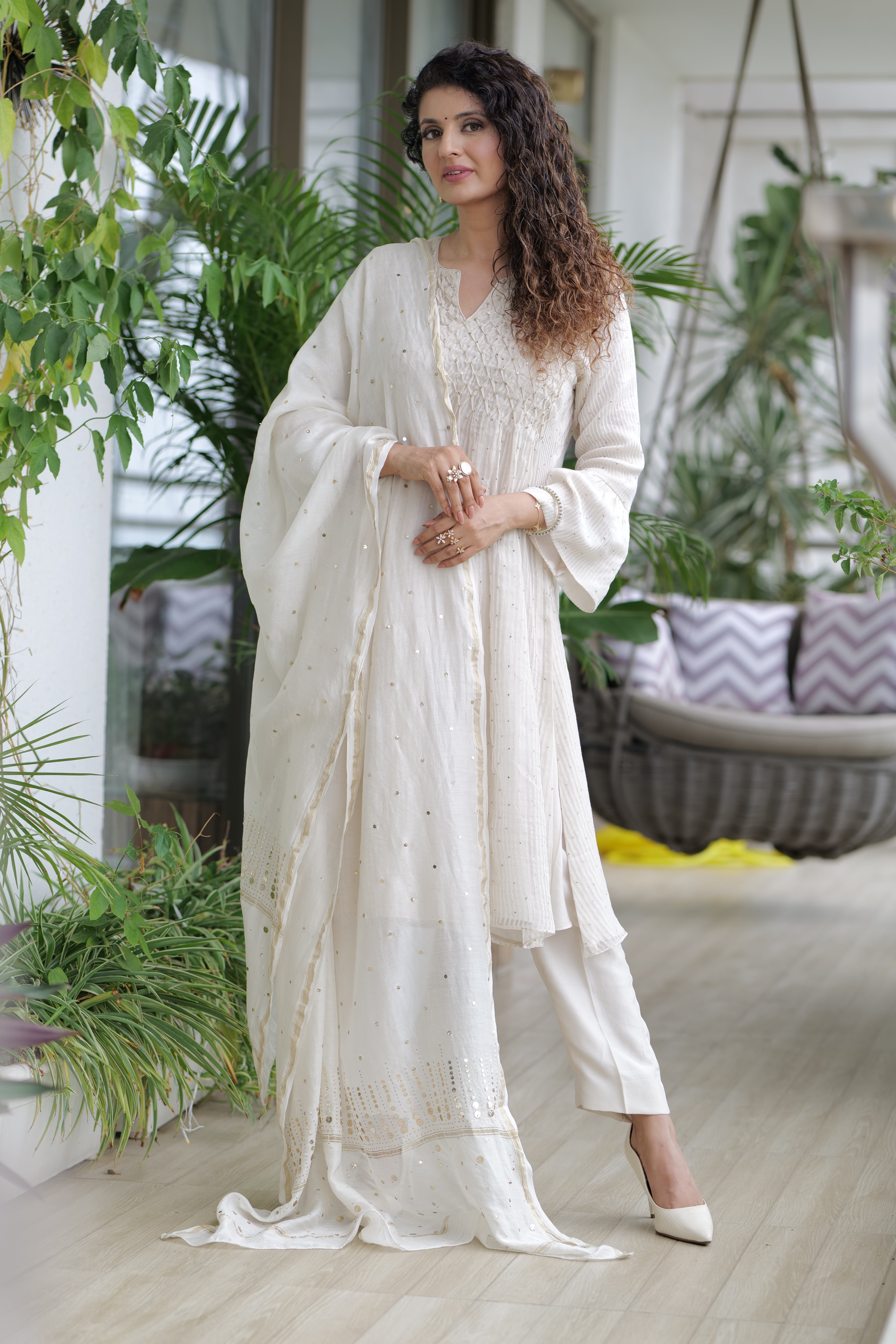 Ivory Hand Smocked Tuck Suit