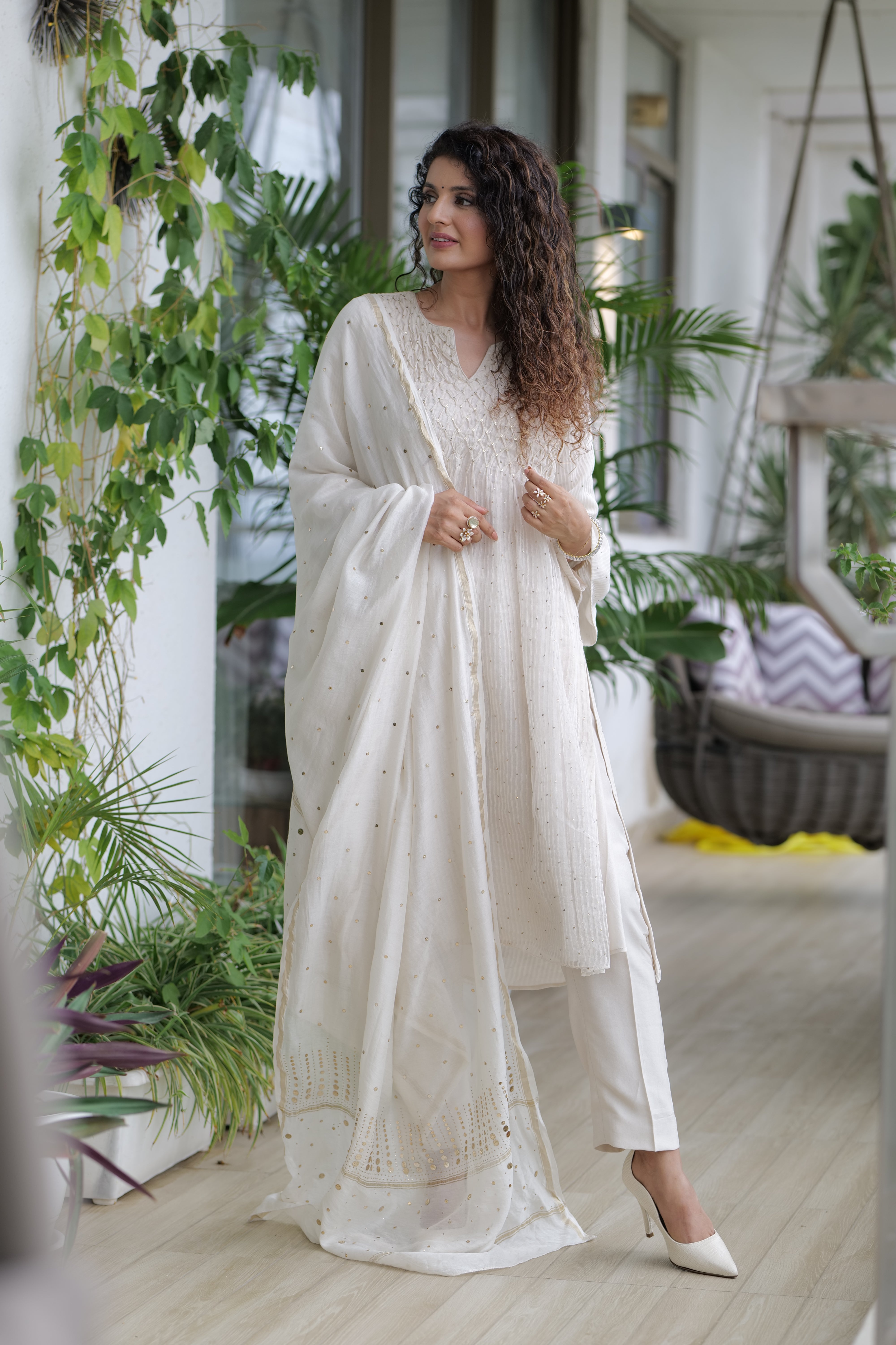 Ivory Hand Smocked Tuck Suit