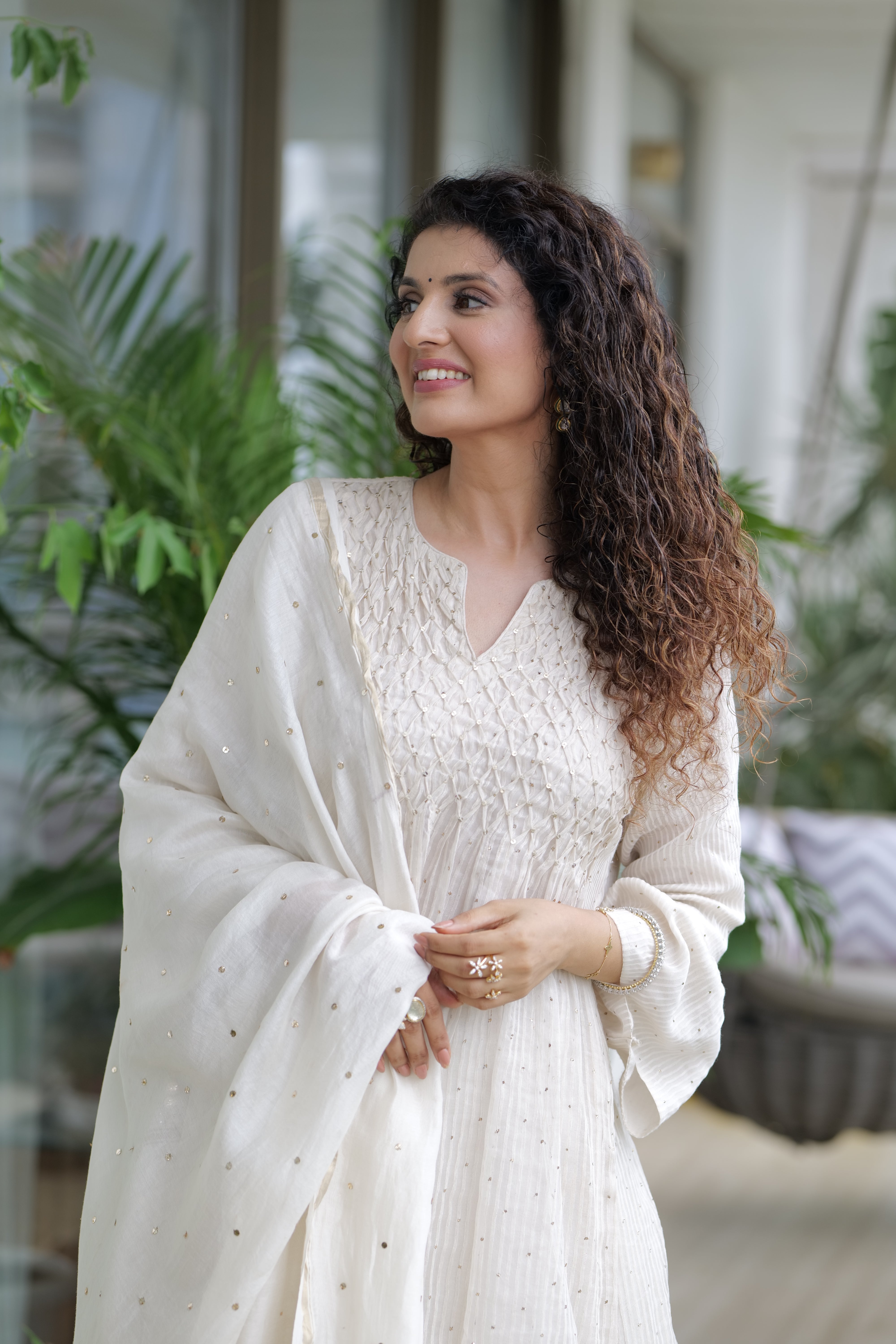 Ivory Hand Smocked Tuck Suit