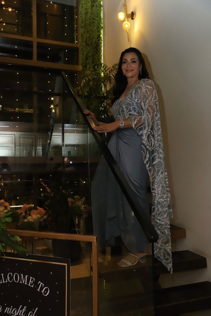 Blue Draped Skirt Saree with silver embroidery
