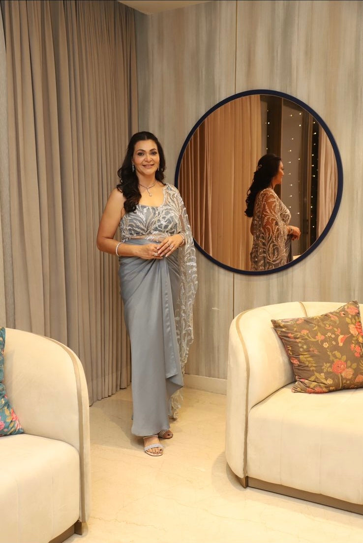 Blue Draped Skirt Saree with silver embroidery
