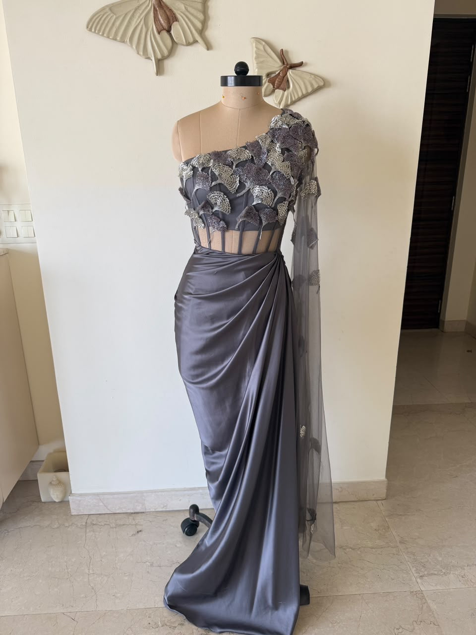 One side off shoulder satin gown with 3D leaf embroidery