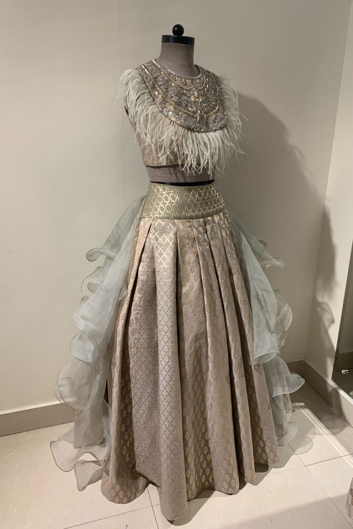 Olive Chanderi Booti Pleated Lehenga