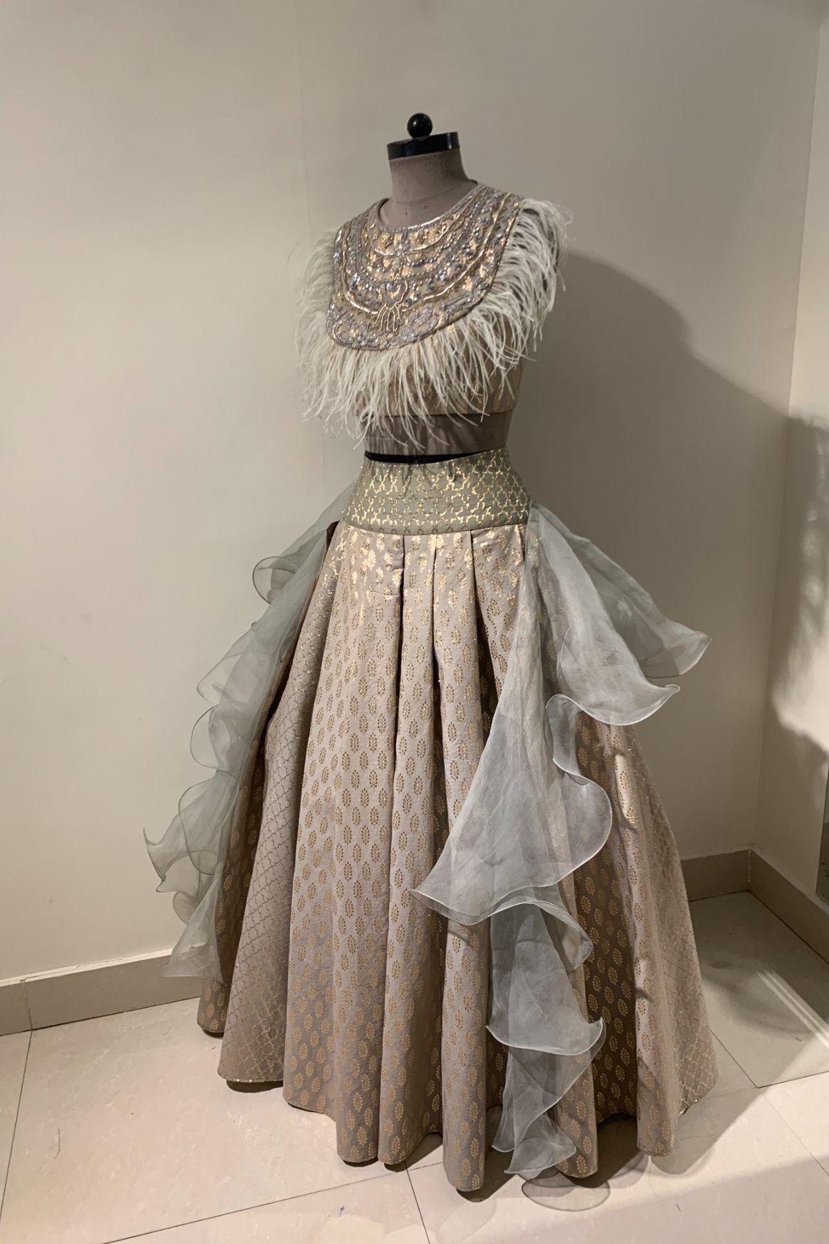 Olive Chanderi Booti Pleated Lehenga