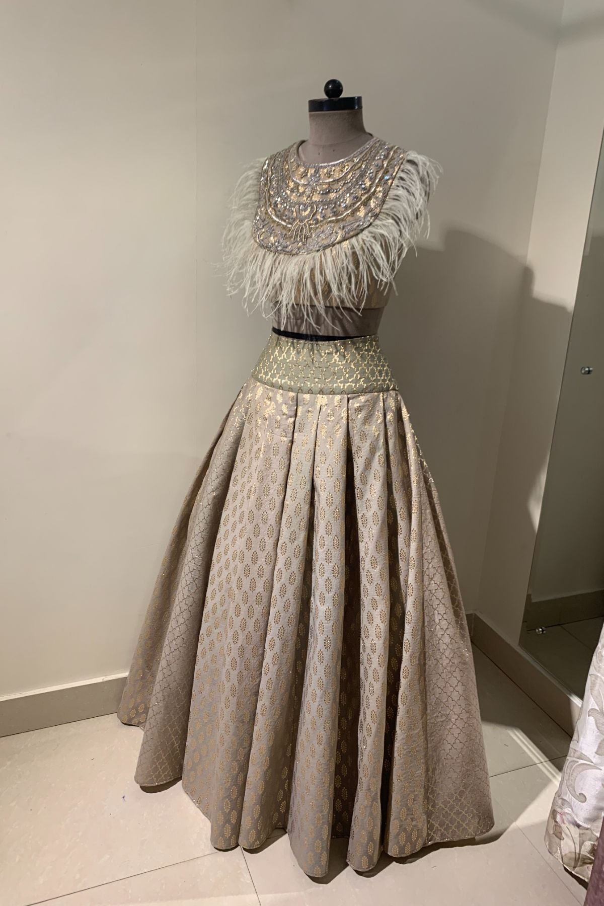 Olive Chanderi Booti Pleated Lehenga