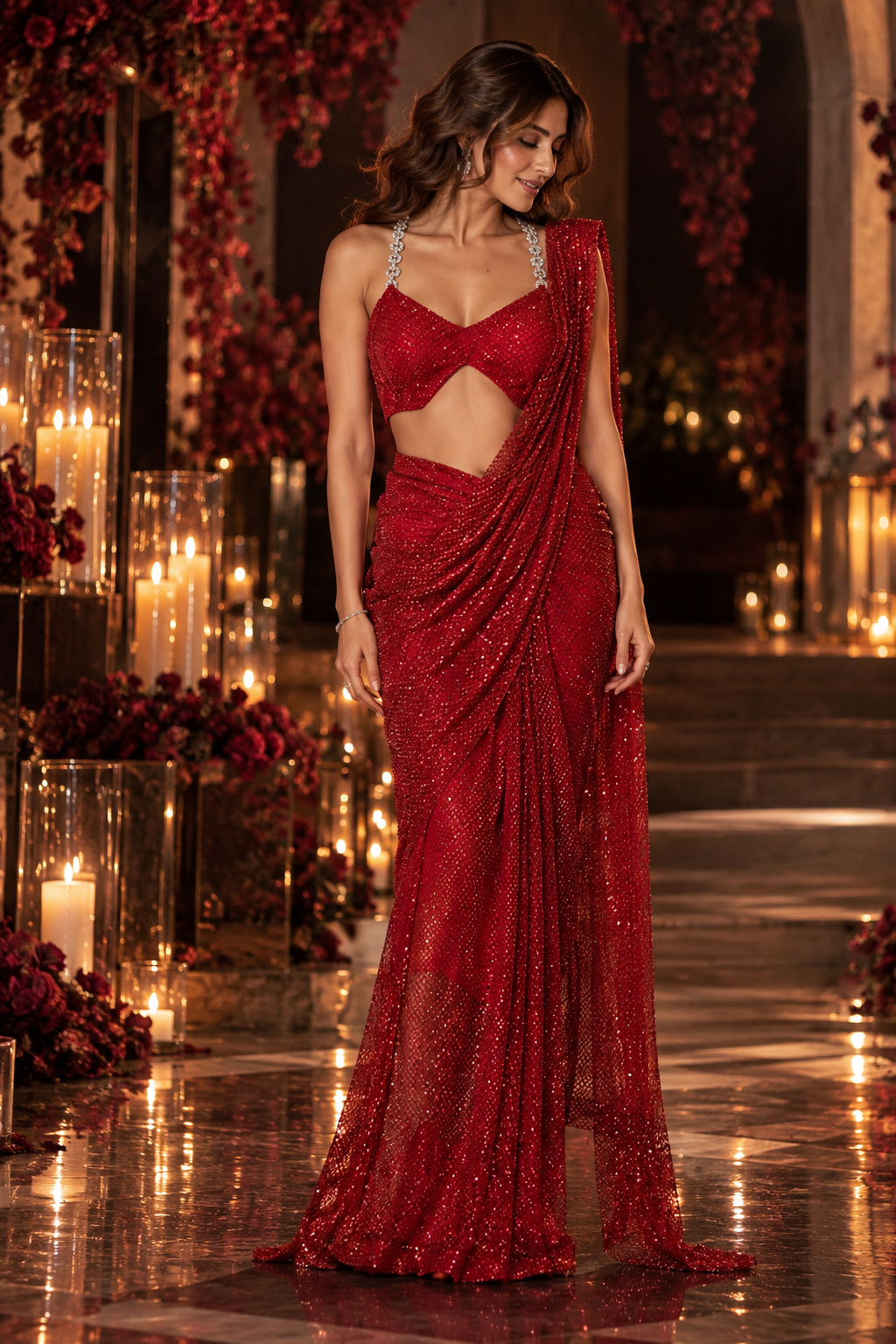 Red Rhinestone Draped Saree