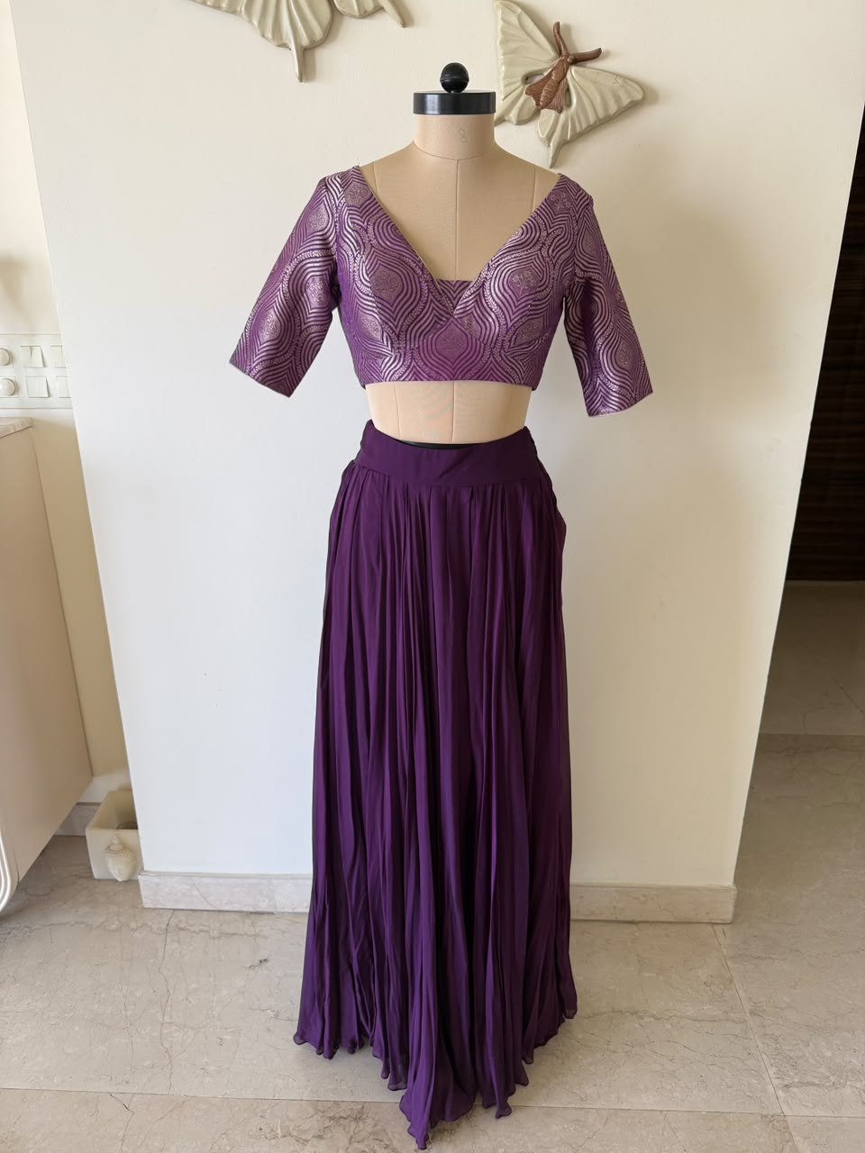 Purple chiffon lehenga with brocade blouse and dupatta