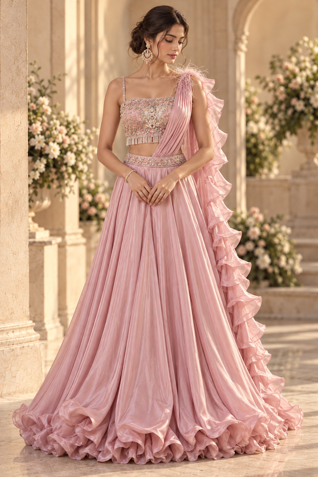 Blush Pink Draped Lehenga