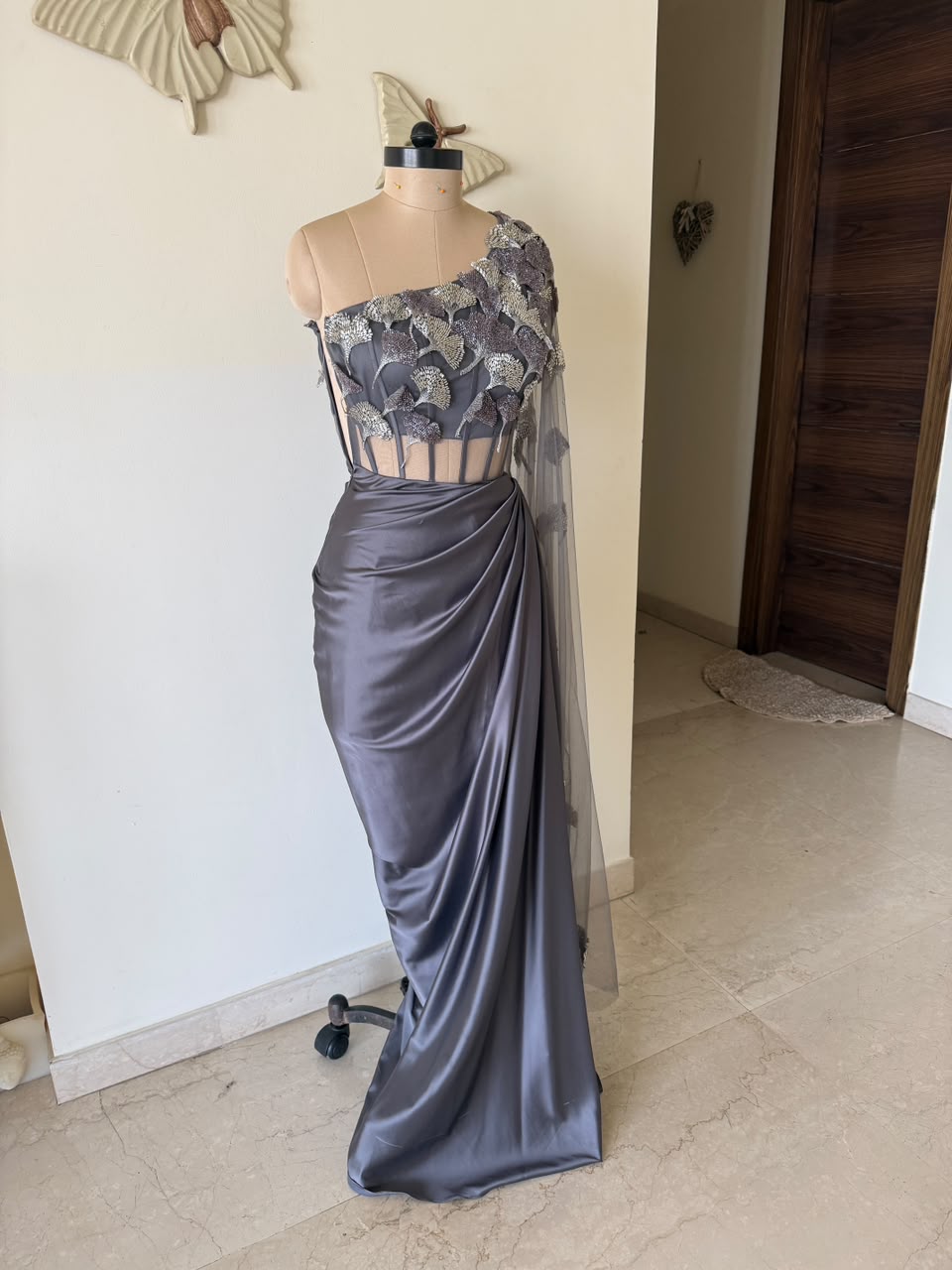 One side off shoulder satin gown with 3D leaf embroidery